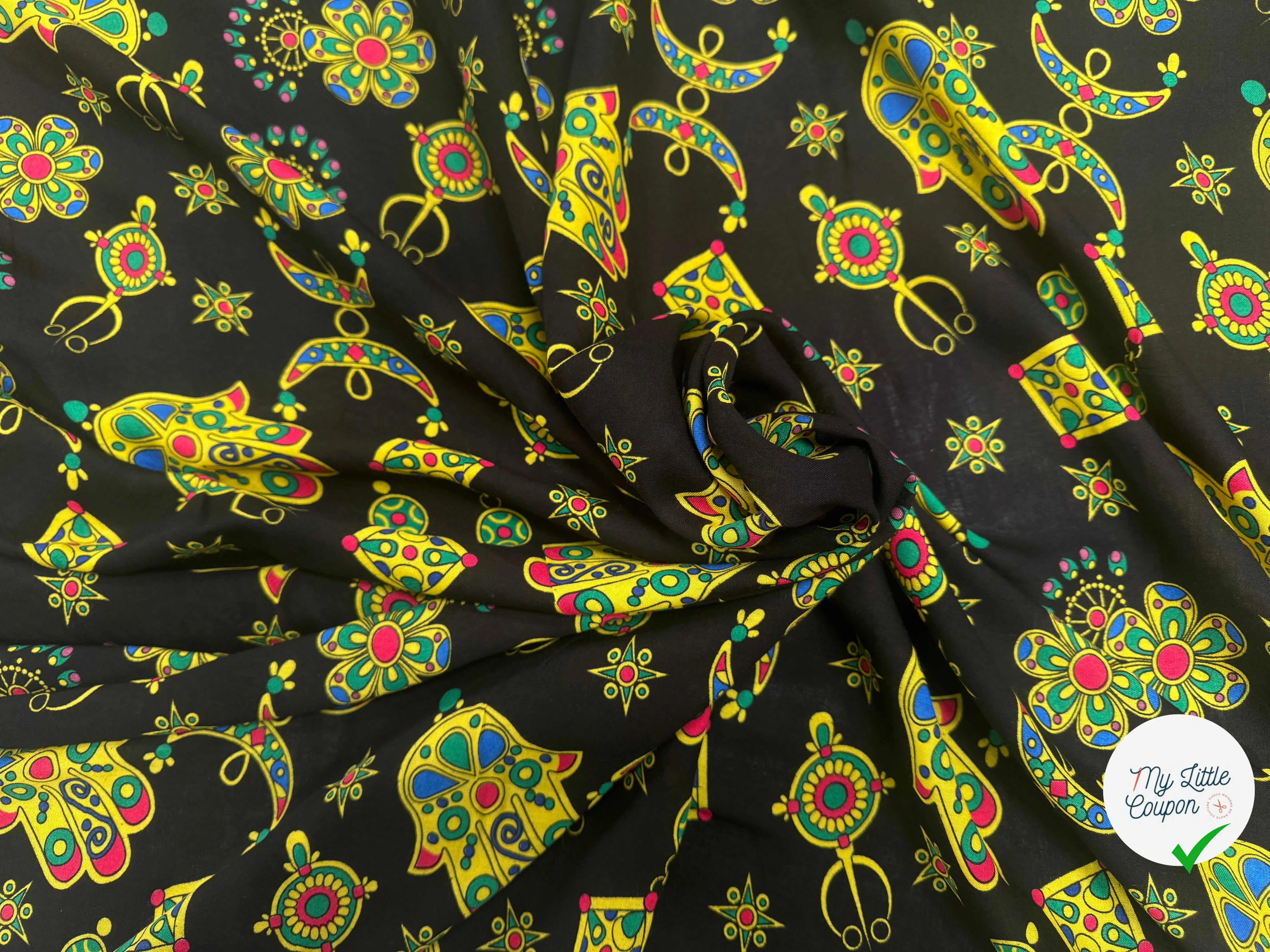 VISCOSE ARLEQUIN AVEC MOTIFS MAINS FOND NOIR - My Little Coupon