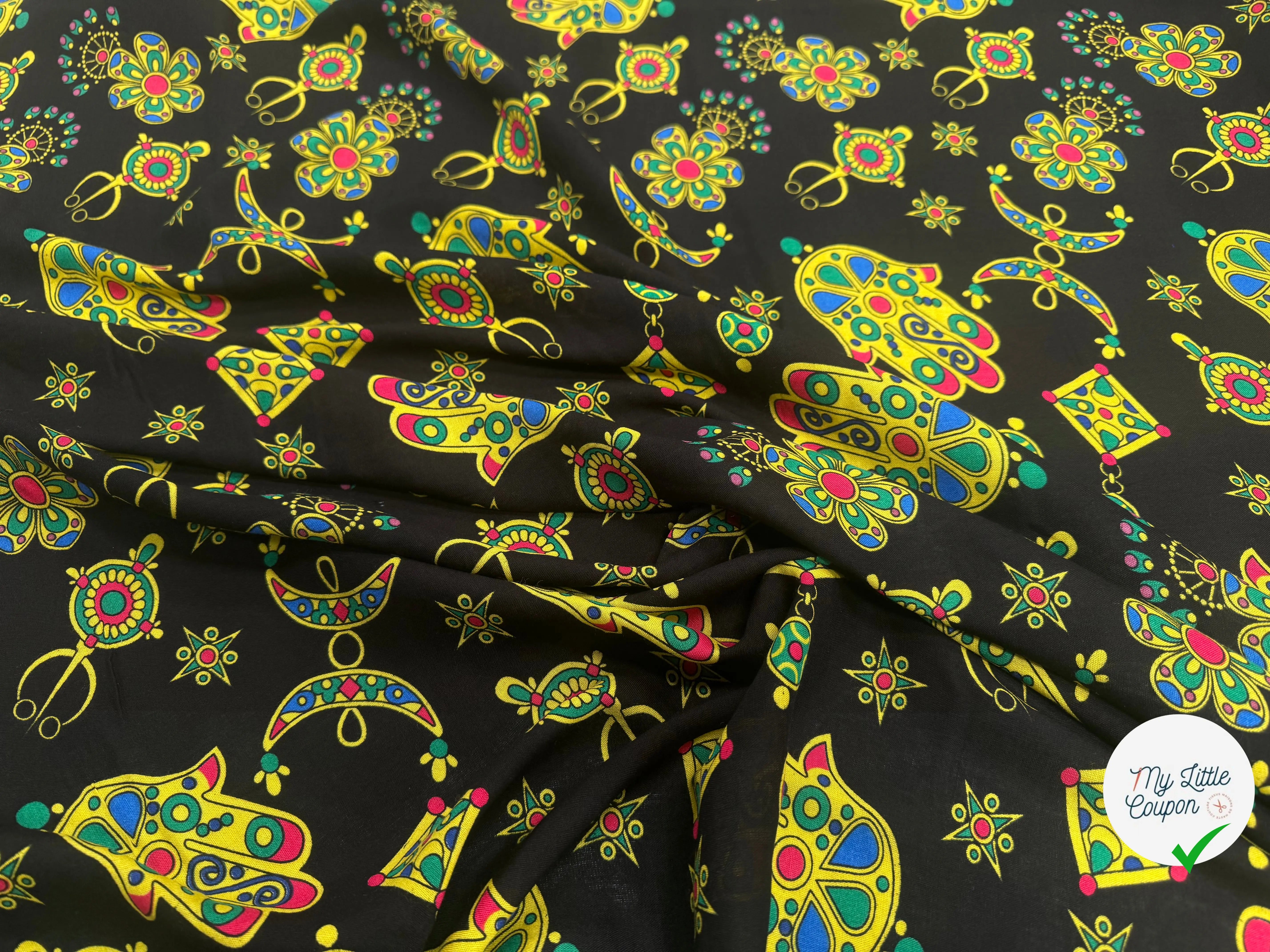 VISCOSE ARLEQUIN AVEC MOTIFS MAINS FOND NOIR - My Little Coupon