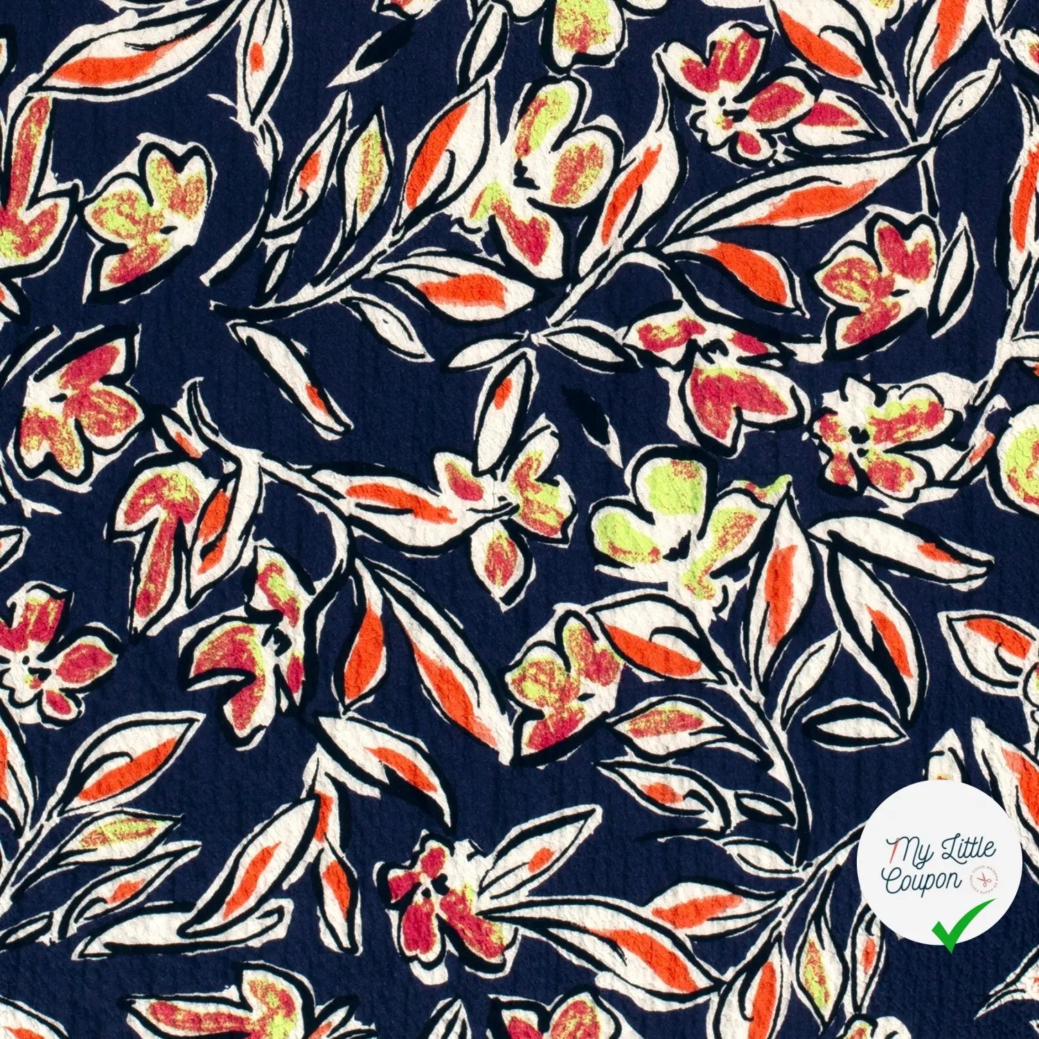 VISCOSE BUBBLE TISSU IMPRIMÉ FEUILLES BLEU MARINE - My Little Coupon