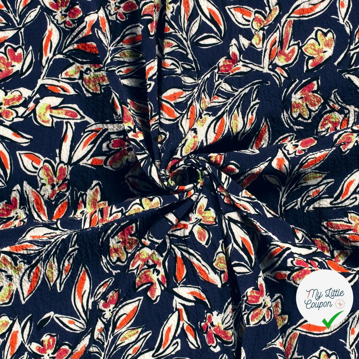 VISCOSE BUBBLE TISSU IMPRIMÉ FEUILLES BLEU MARINE - My Little Coupon