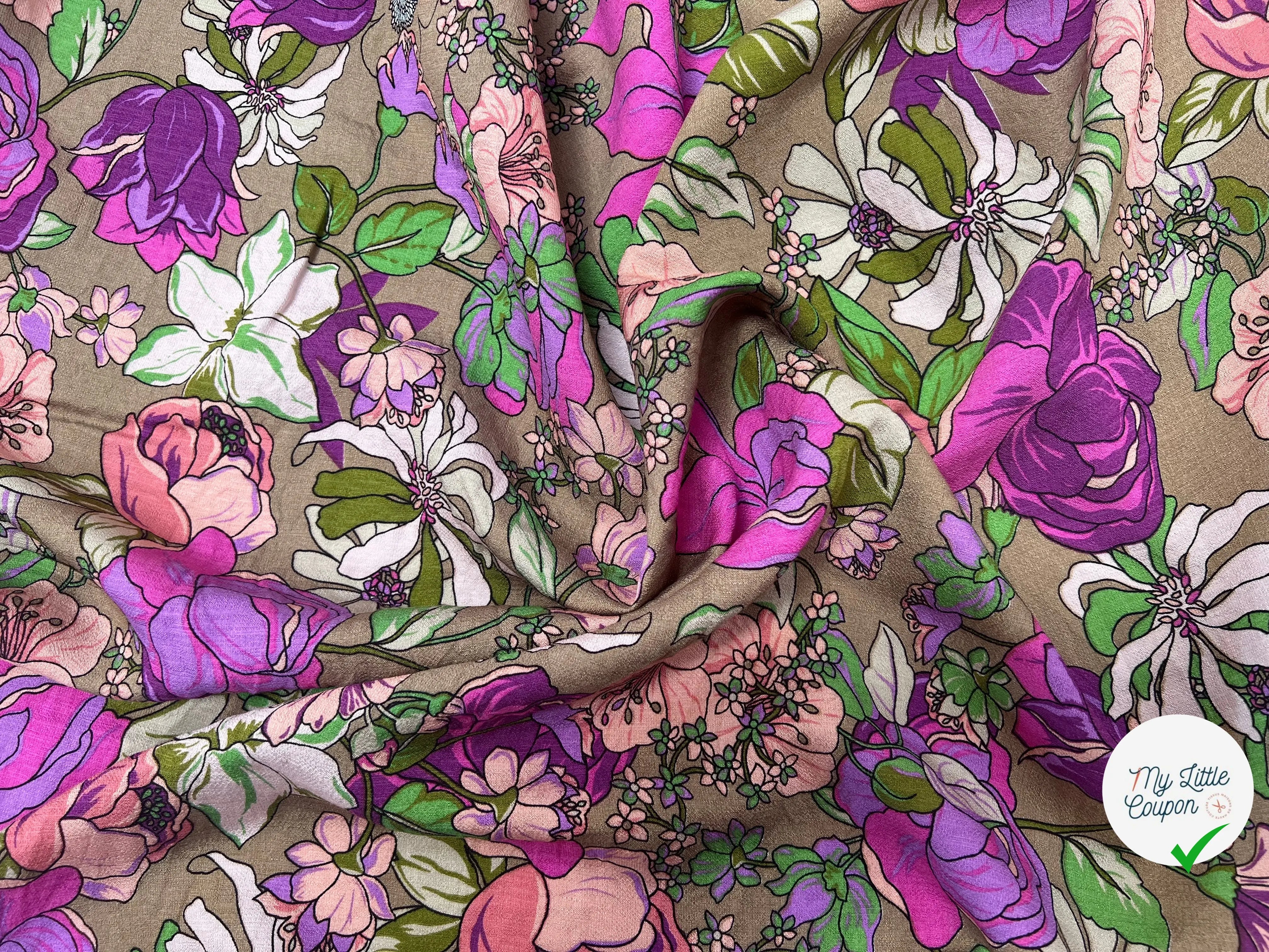 VISCOSE BUBBLE TISSU IMPRIMÉ FLEURS MARRON TAUPE - My Little Coupon