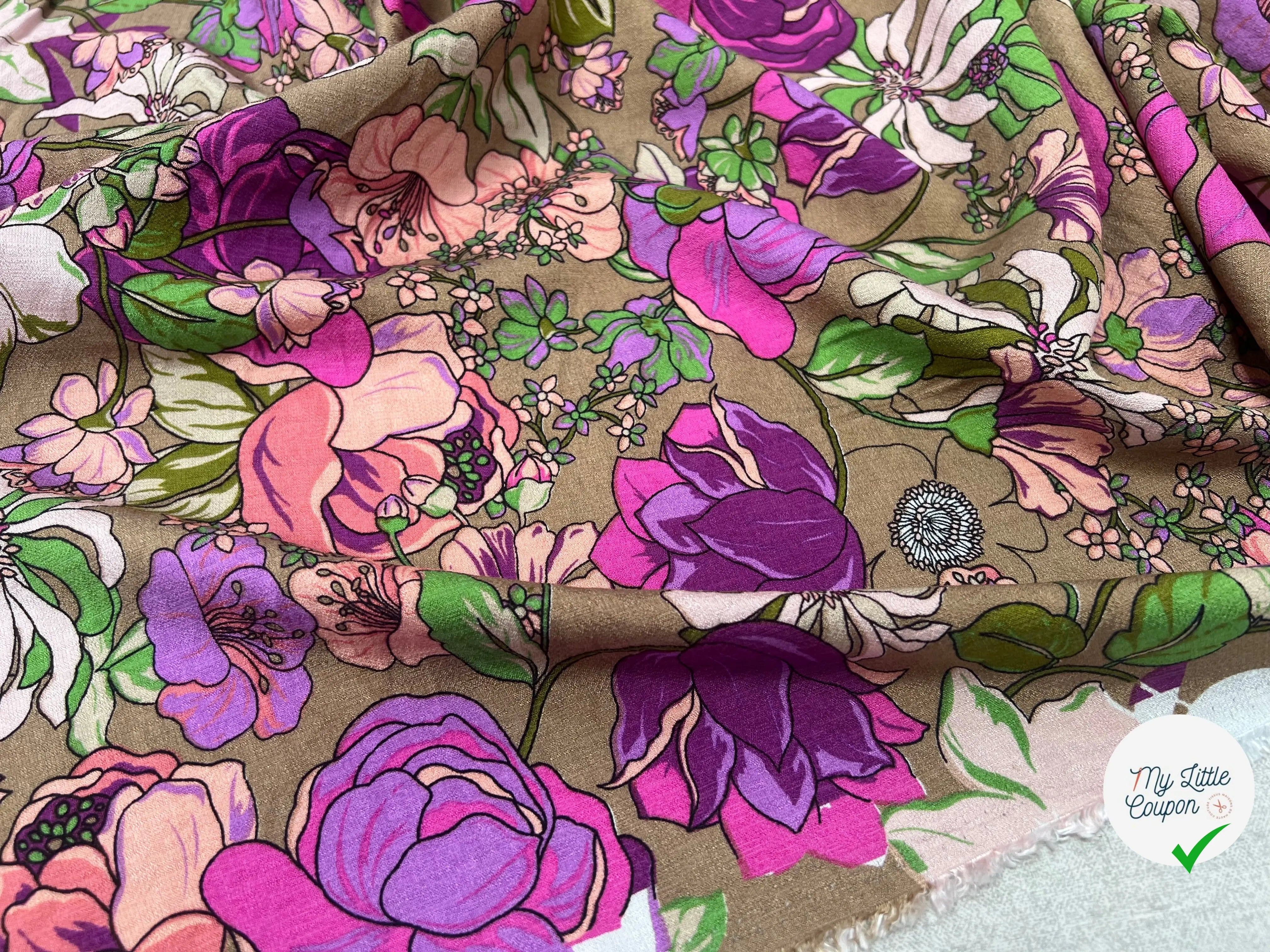 VISCOSE BUBBLE TISSU IMPRIMÉ FLEURS MARRON TAUPE - My Little Coupon