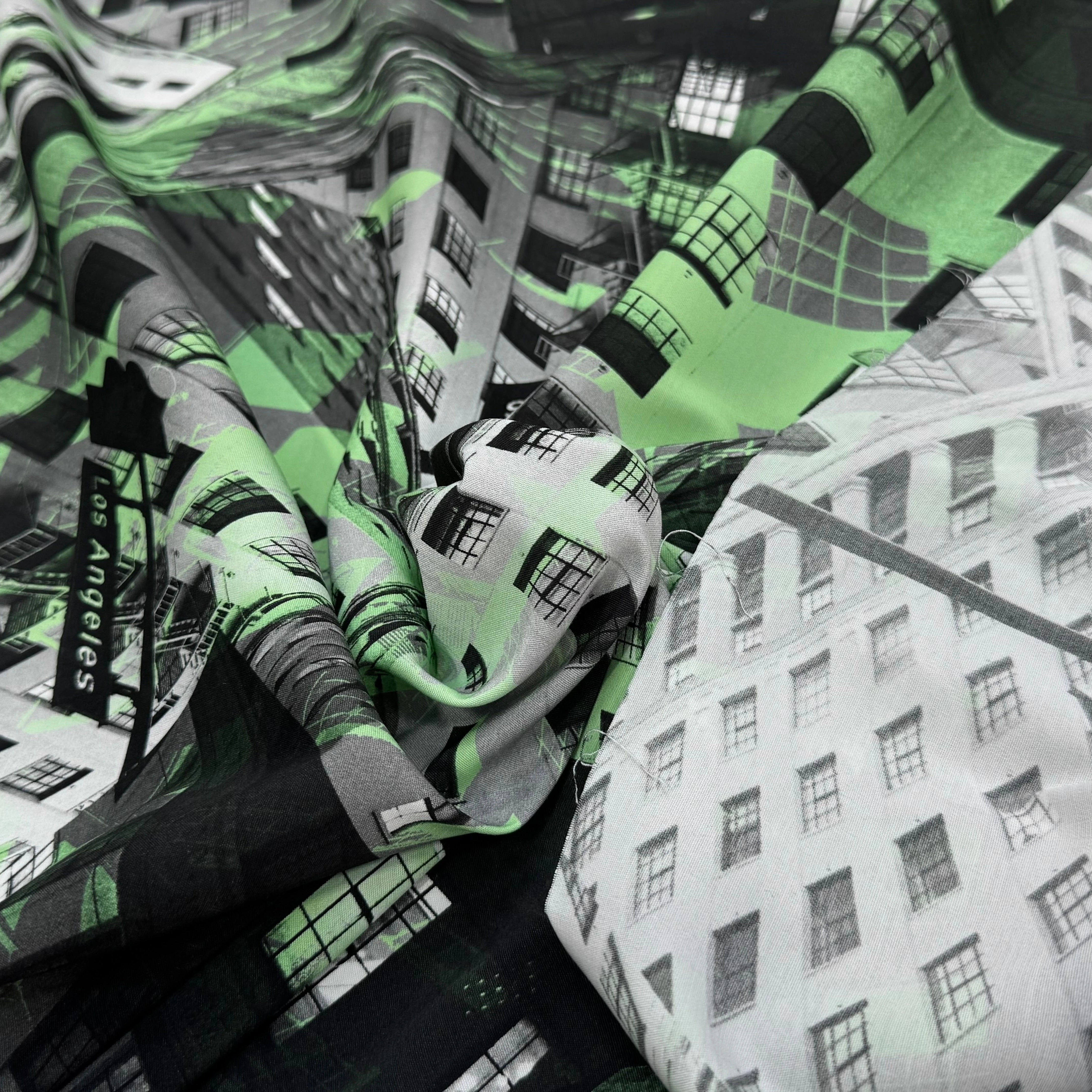 VISCOSE CALIPSO STRETCH IMPRIMÉ GRAPGIQUE TANGO BULDING VERT - My Little Coupon