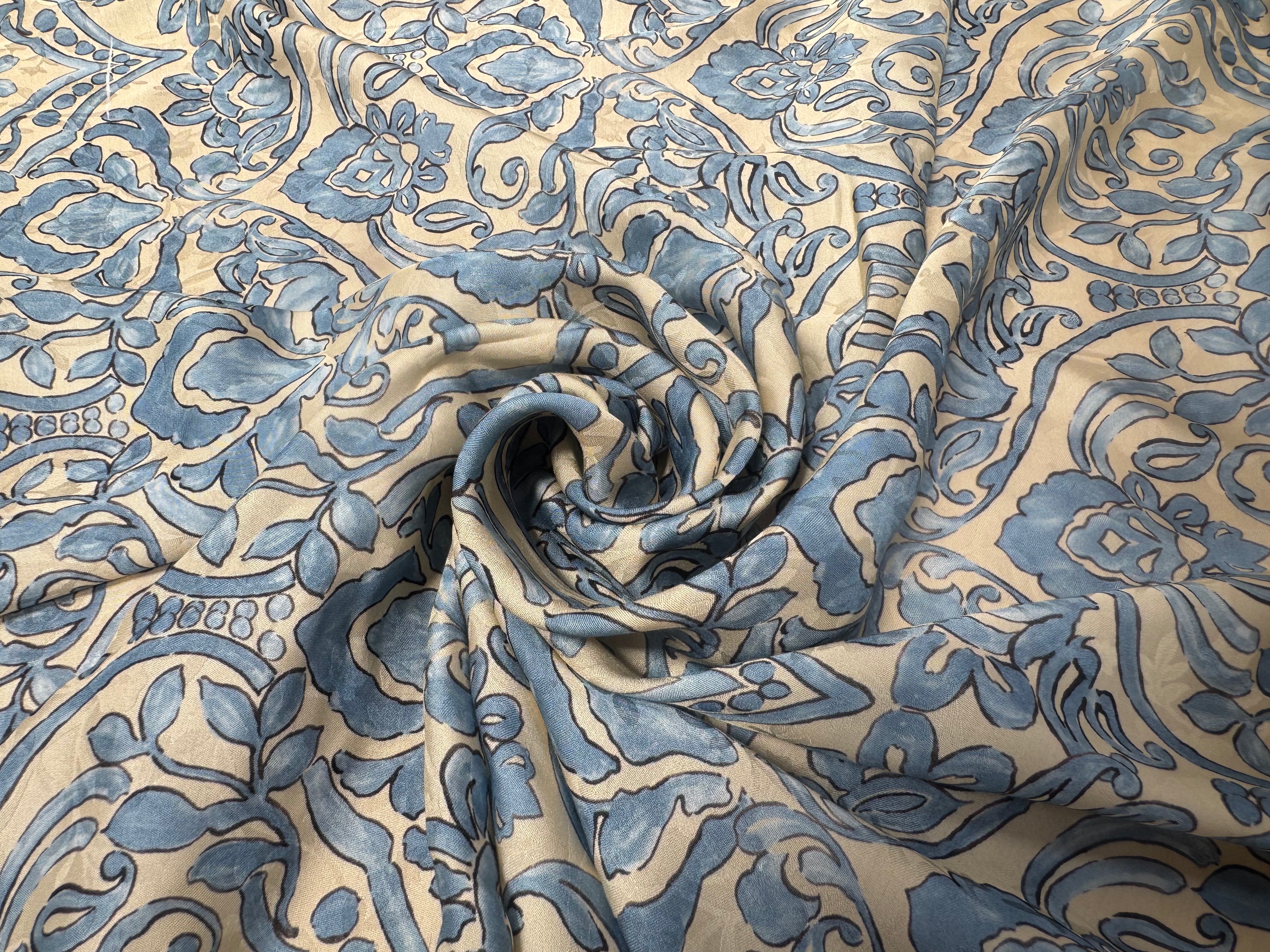 VISCOSE DOUCE INSPIRATION GRÈCE FOND BEIGE MOTIFS BLEU - My Little Coupon