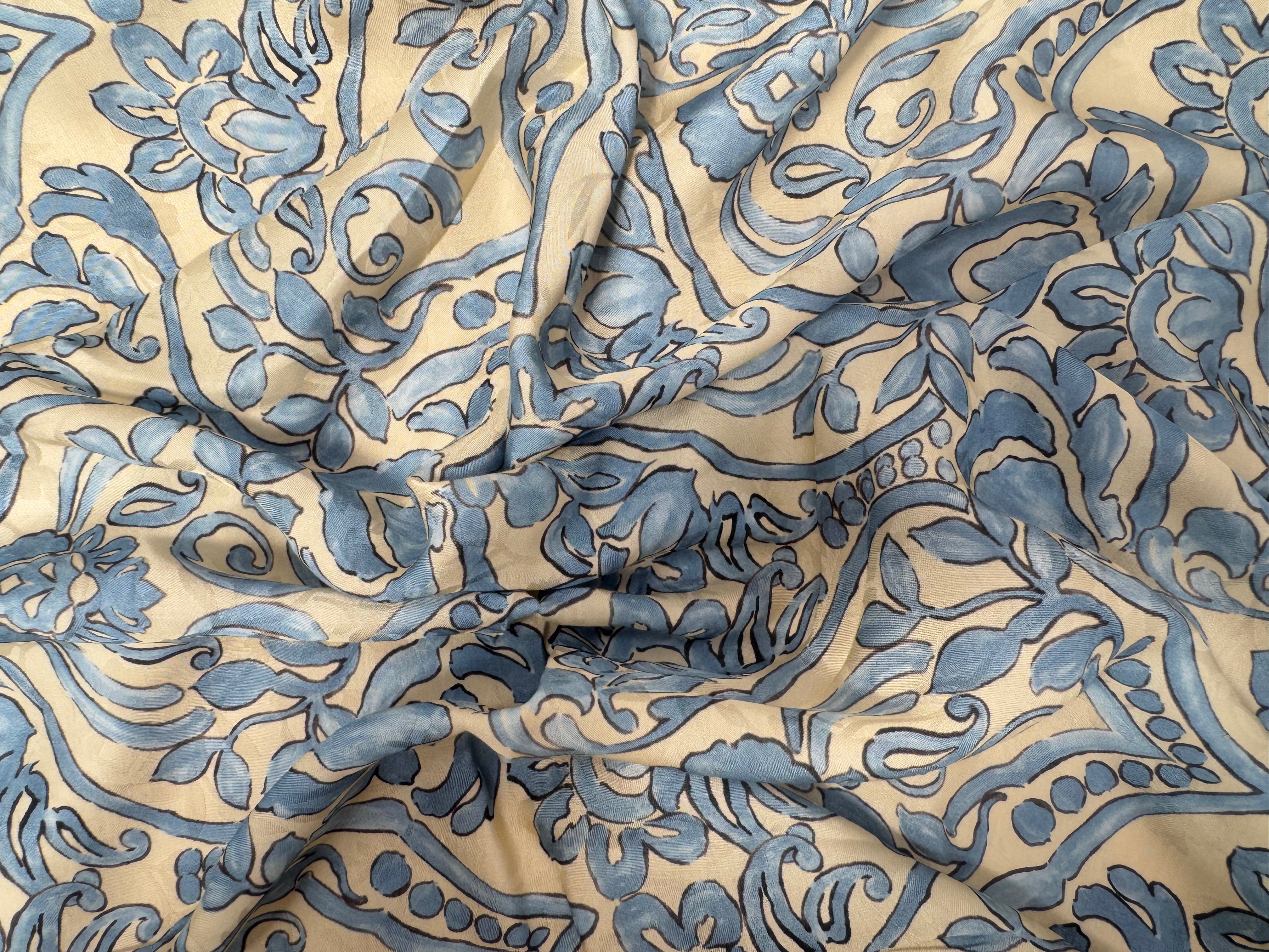 VISCOSE DOUCE INSPIRATION GRÈCE FOND BEIGE MOTIFS BLEU - My Little Coupon