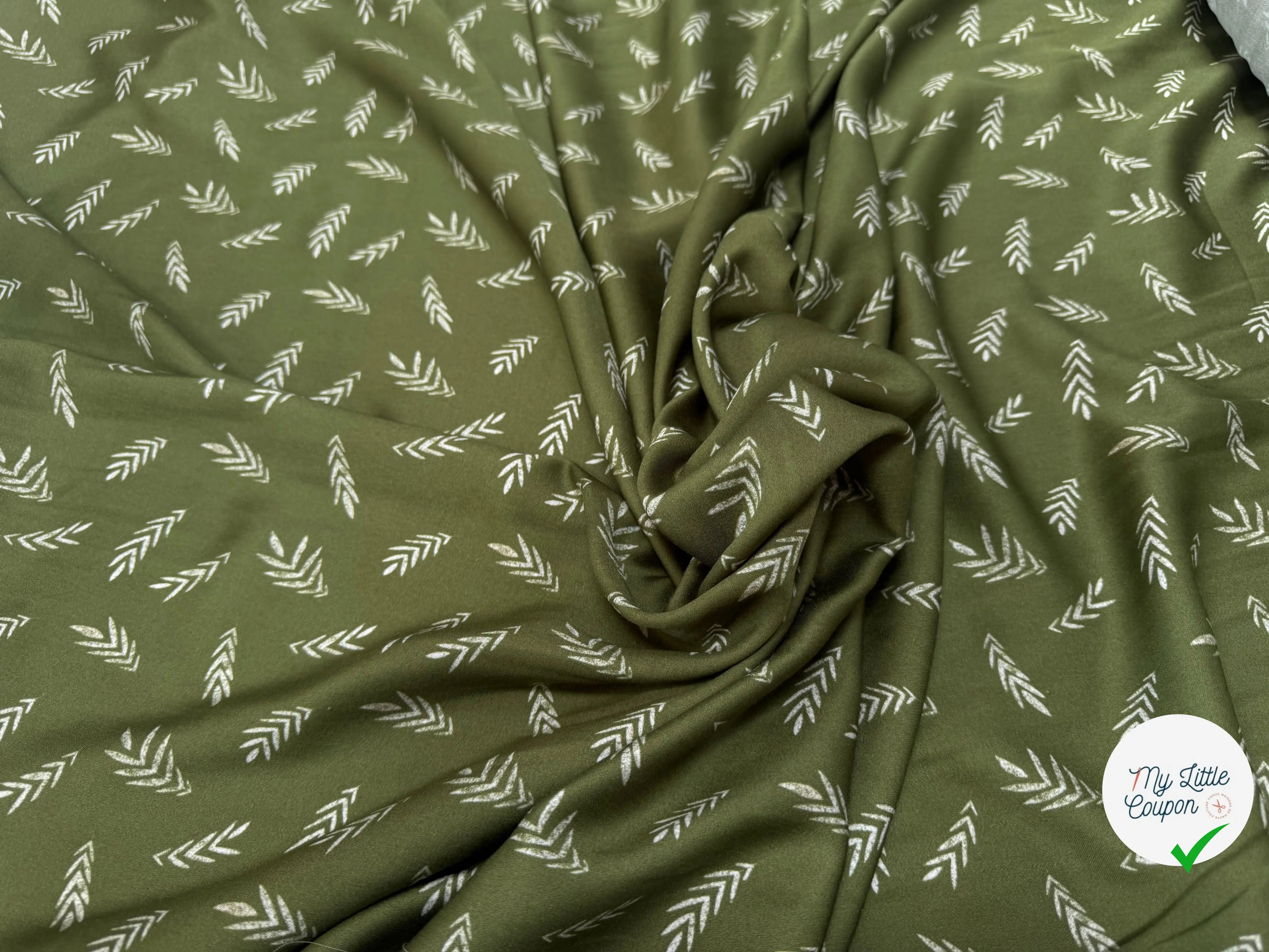 VISCOSE DOUCE TRES LEGEREMENT SATINEE MOTIF FEUILLAGES KAKI - My Little Coupon