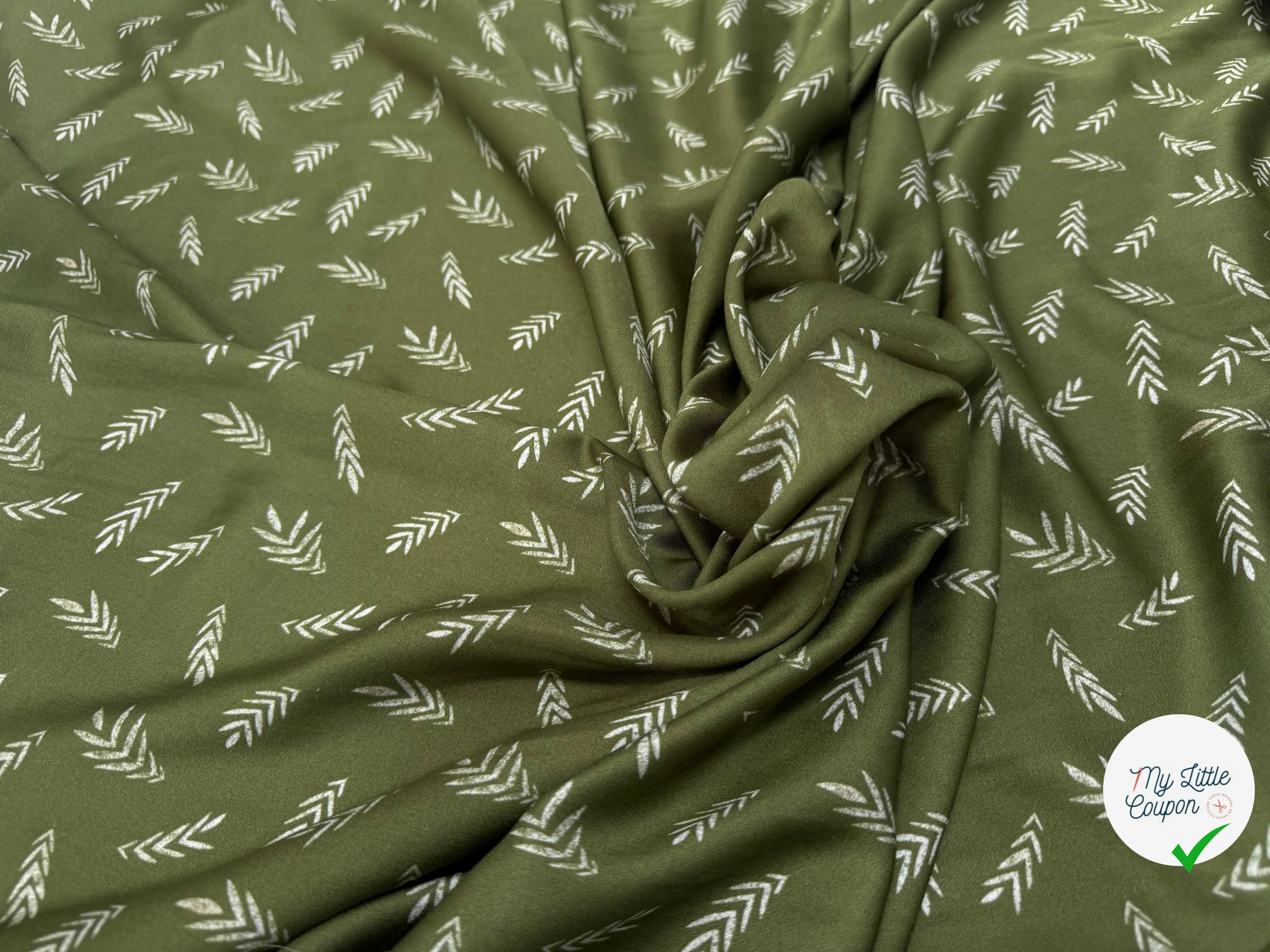 VISCOSE DOUCE TRES LEGEREMENT SATINEE MOTIF FEUILLAGES KAKI - My Little Coupon