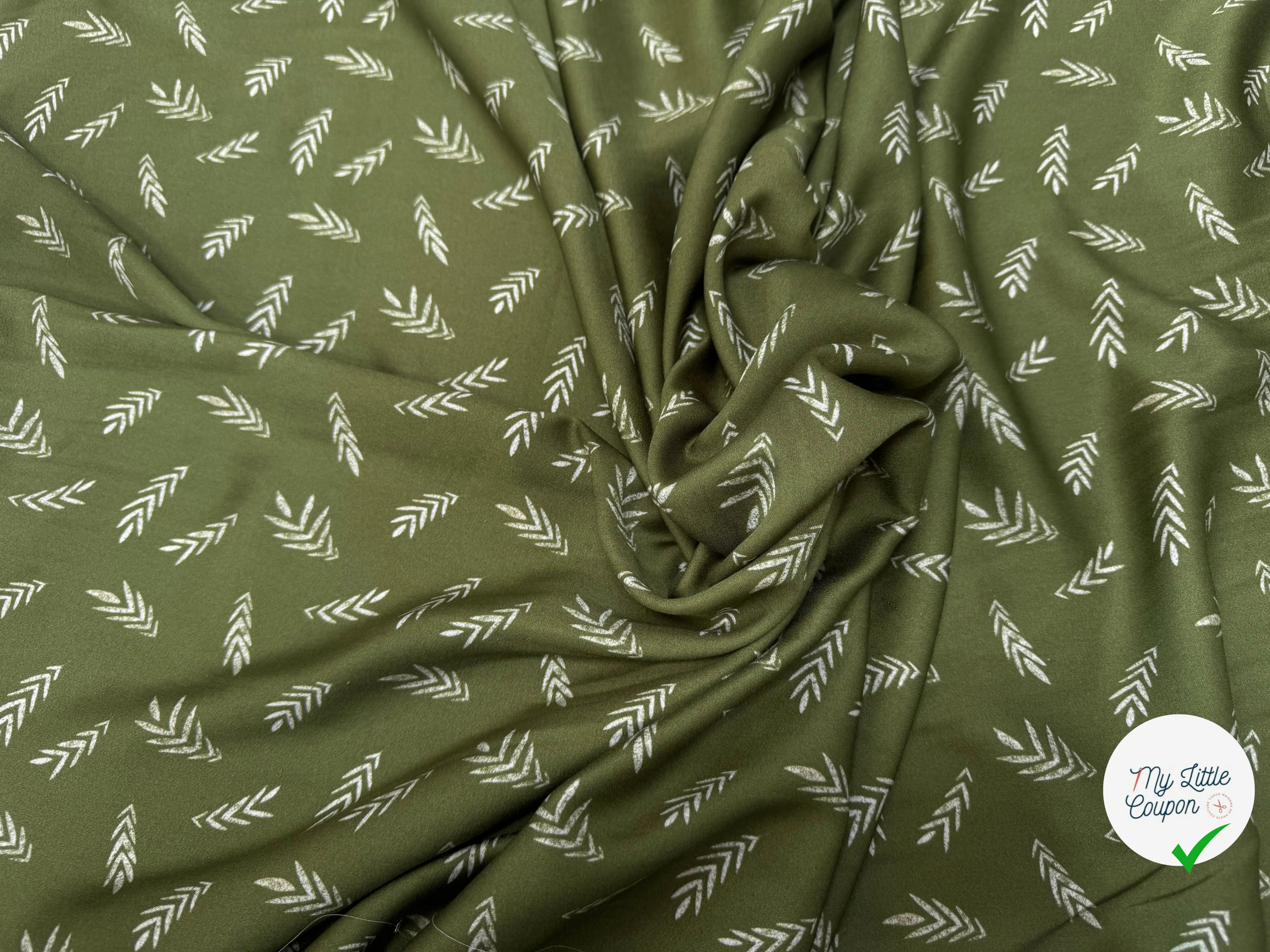 VISCOSE DOUCE TRES LEGEREMENT SATINEE MOTIF FEUILLAGES KAKI - My Little Coupon