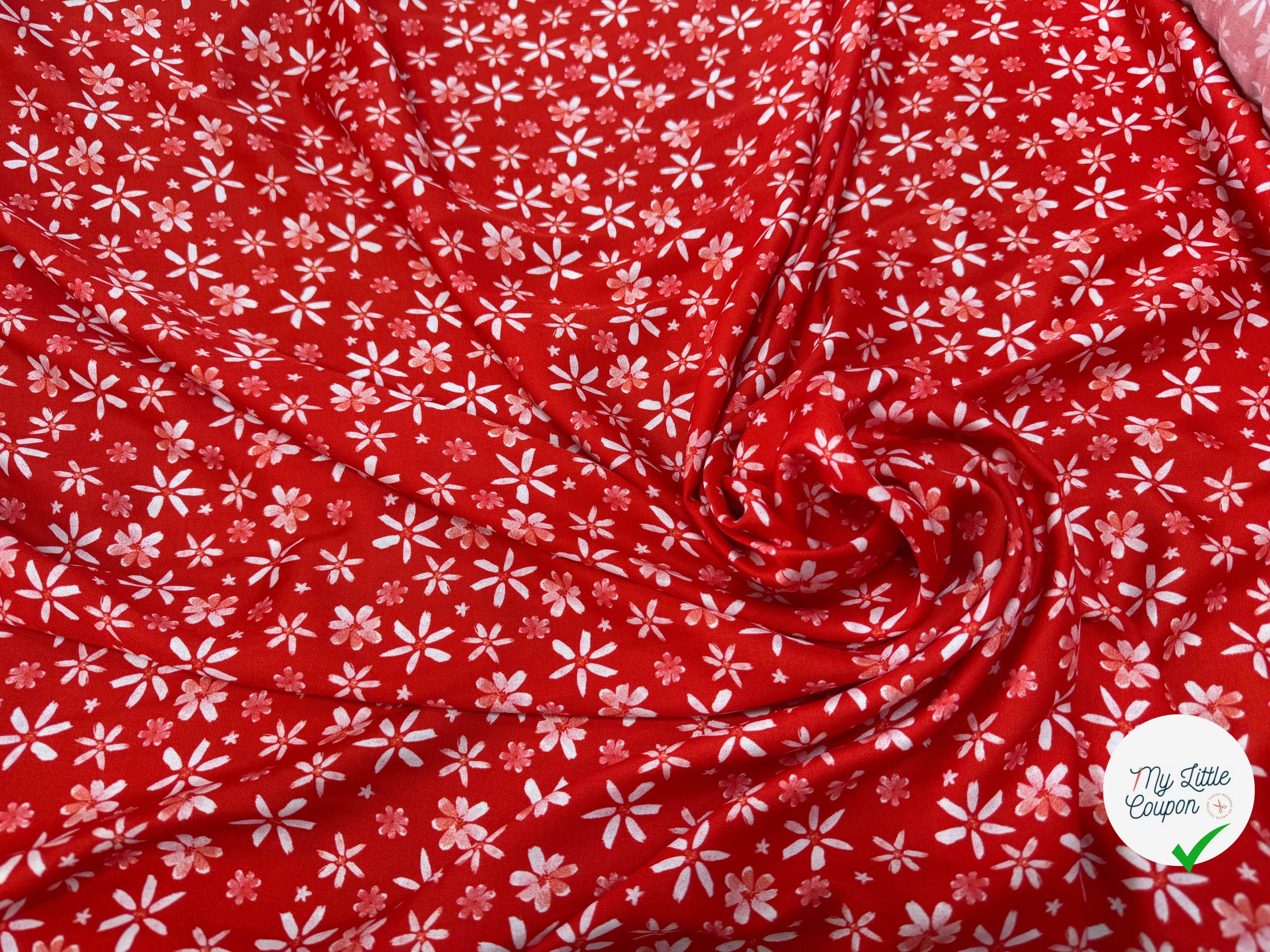 VISCOSE DOUCE TRES LEGEREMENT SATINEE PRINT FLEURS SUR FOND ROUGE - My Little Coupon