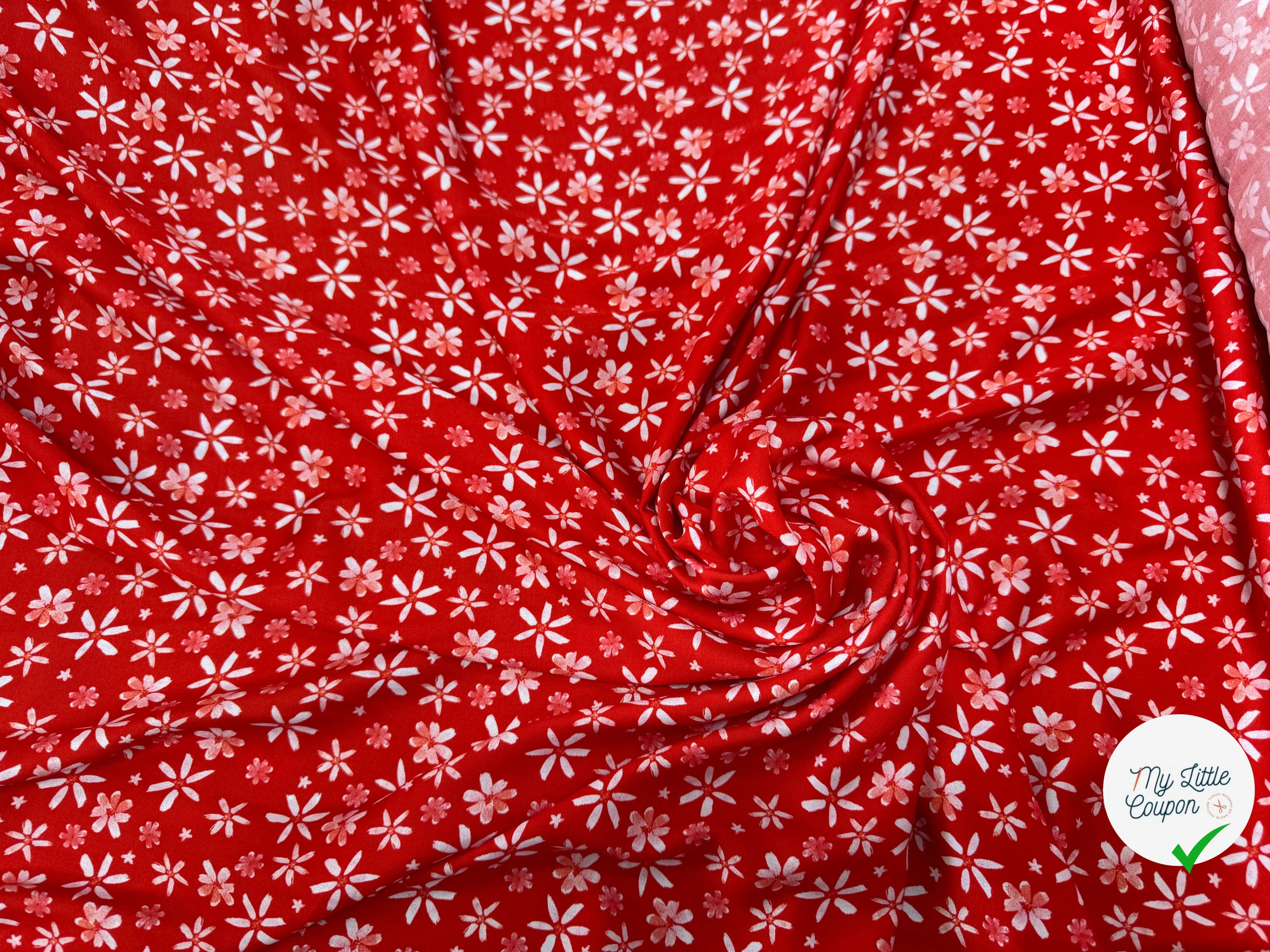 VISCOSE DOUCE TRES LEGEREMENT SATINEE PRINT FLEURS SUR FOND ROUGE - My Little Coupon