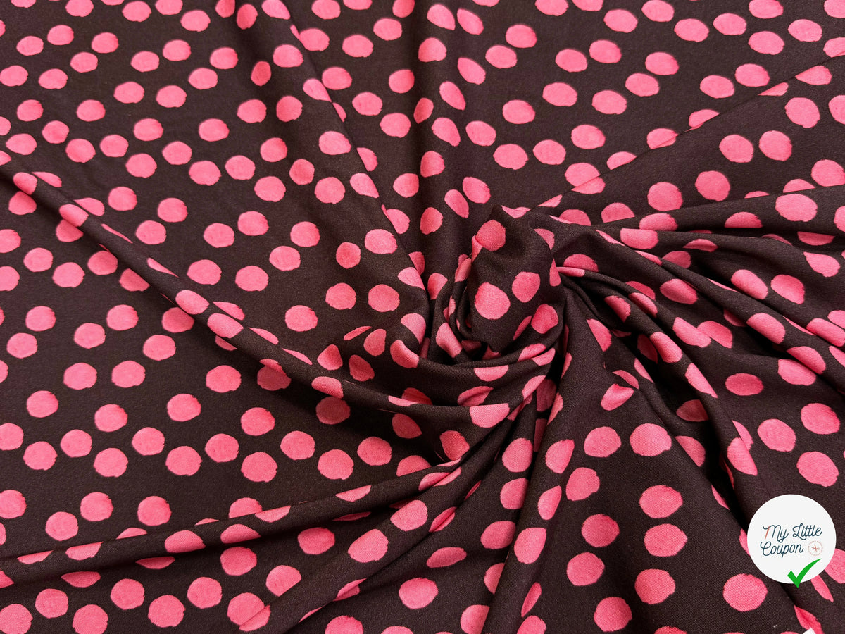 VISCOSE ÉLASTHANNE IMPRIMÉ POIS ROSES FOND MARRON - My Little Coupon