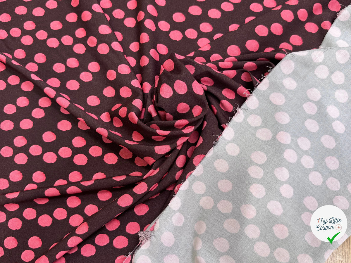 VISCOSE ÉLASTHANNE IMPRIMÉ POIS ROSES FOND MARRON - My Little Coupon