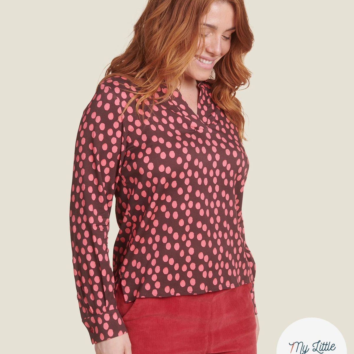 VISCOSE ÉLASTHANNE IMPRIMÉ POIS ROSES FOND MARRON - My Little Coupon