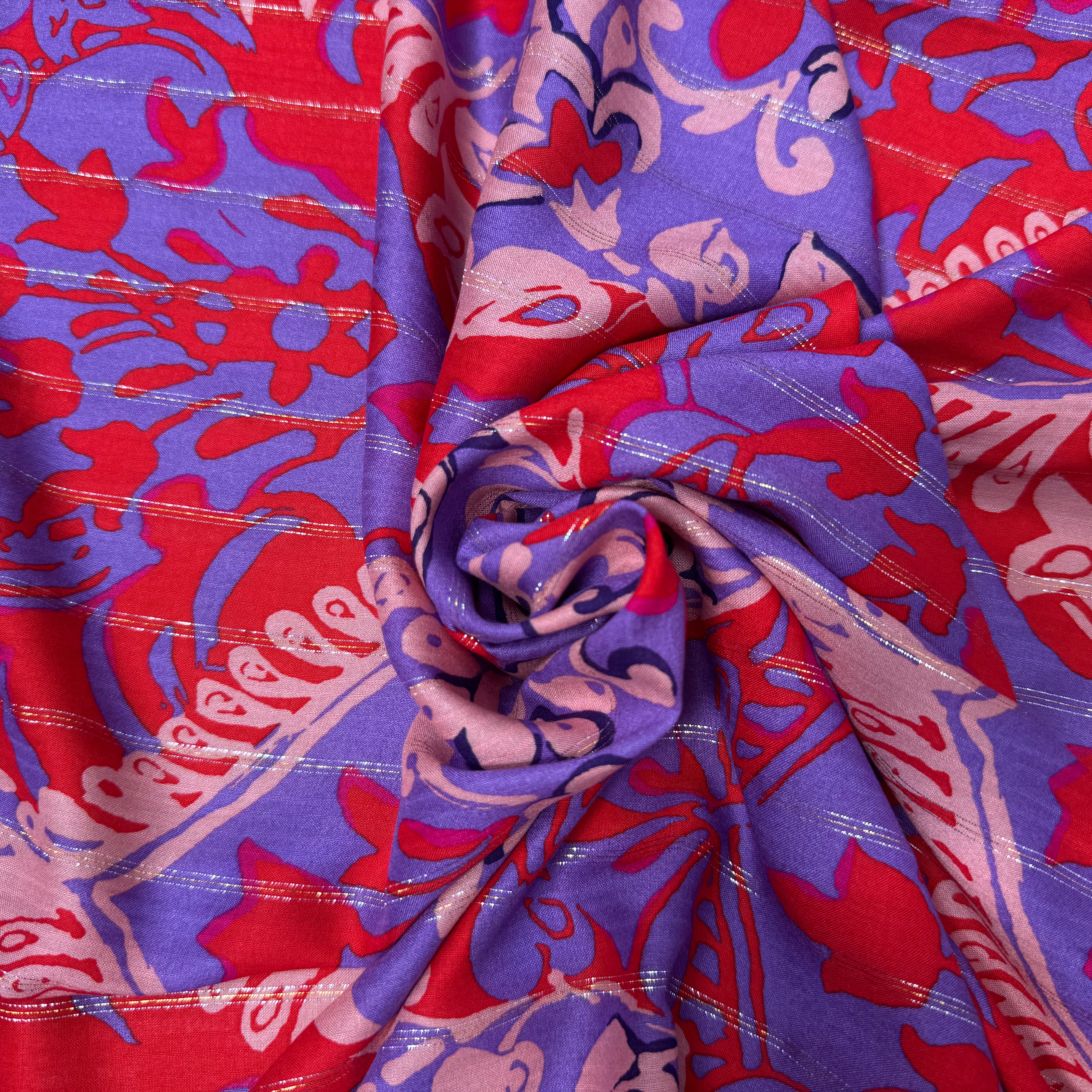VISCOSE FIL ARGENTÉ FOND VIOLET MOTIFS ROUGE - My Little Coupon