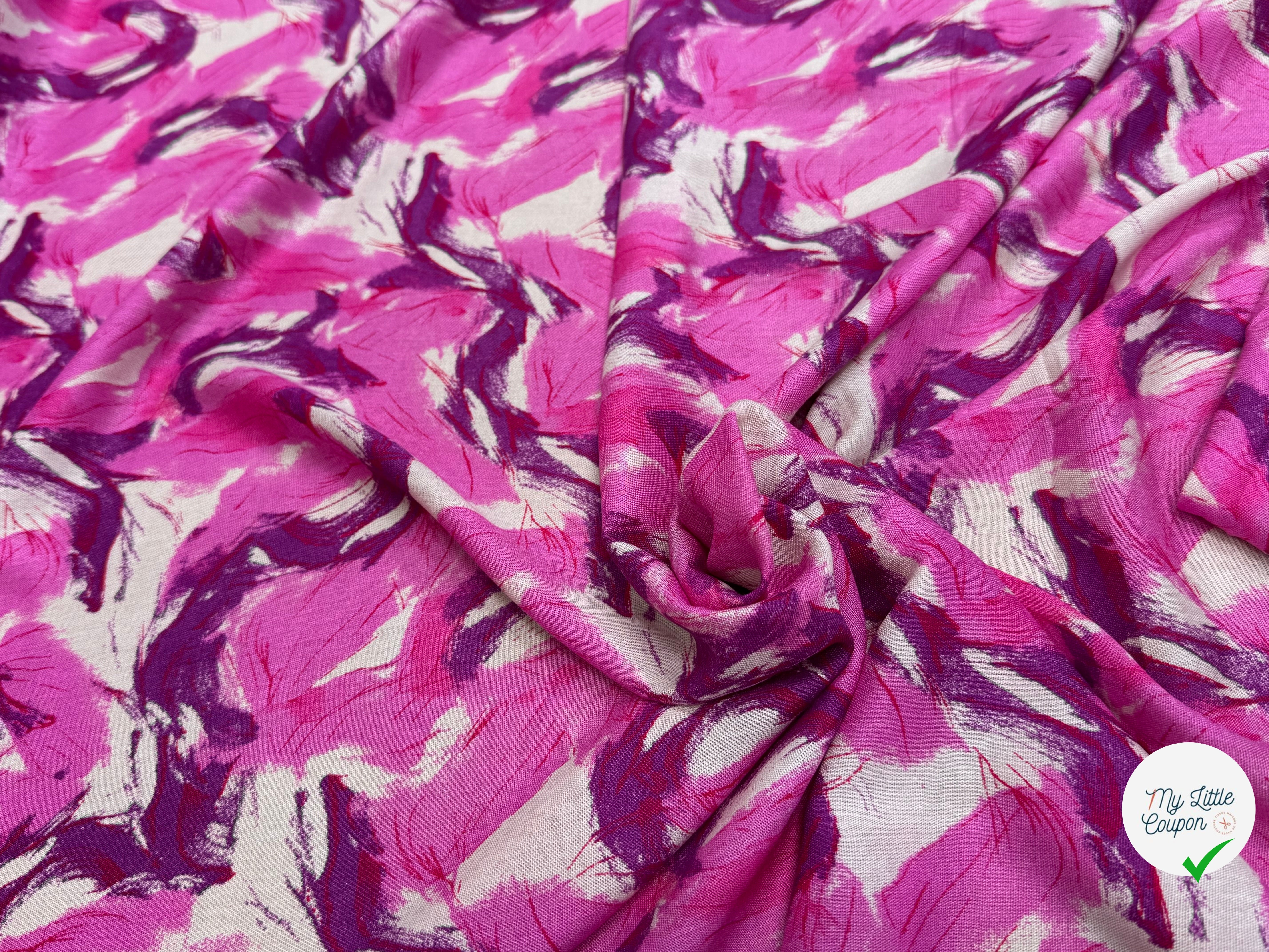 VISCOSE FLUIDE FOND BEIGE IMPRIMÉE TOURBILLON ROSE VIOLET - My Little Coupon