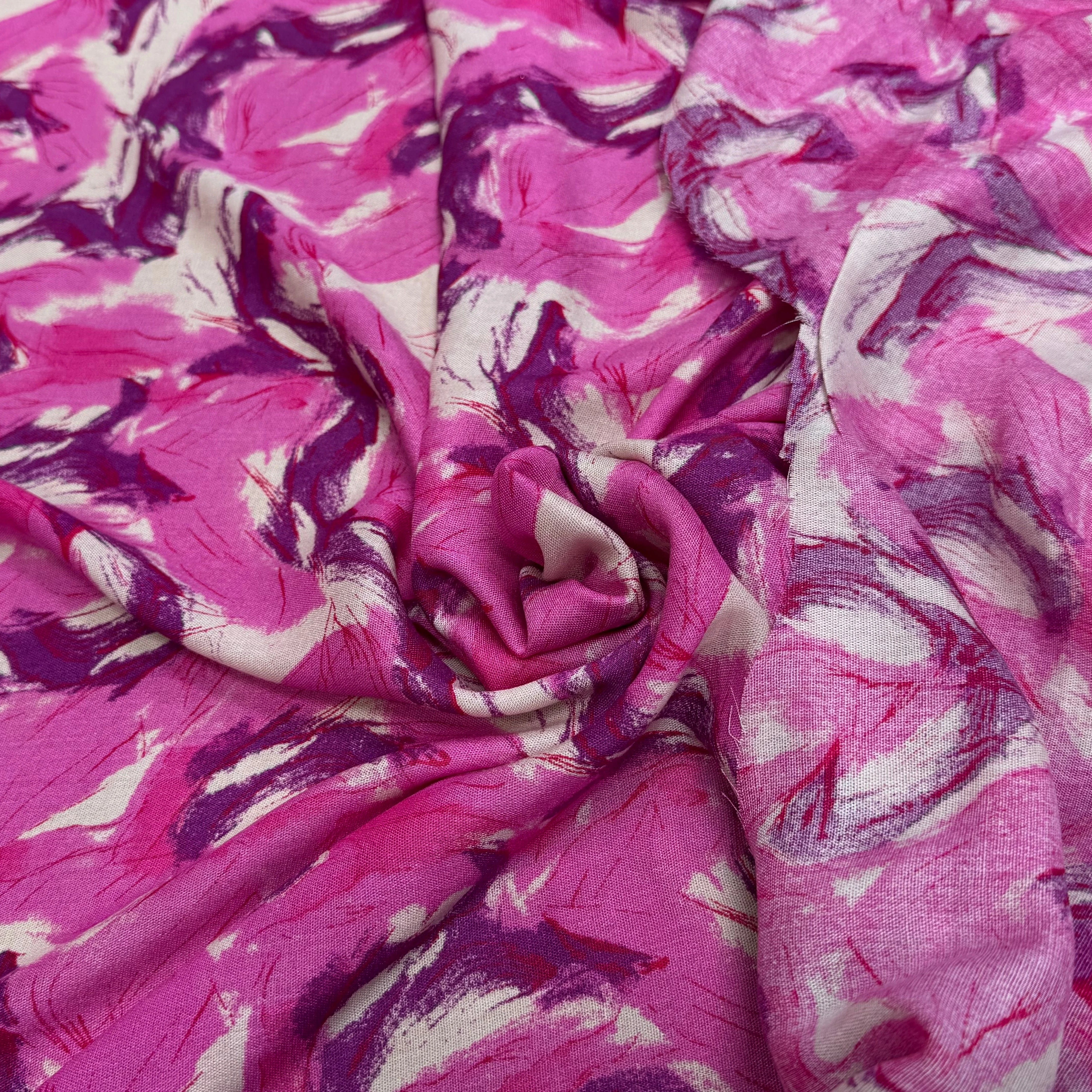 VISCOSE FLUIDE FOND BEIGE IMPRIMÉE TOURBILLON ROSE VIOLET - My Little Coupon