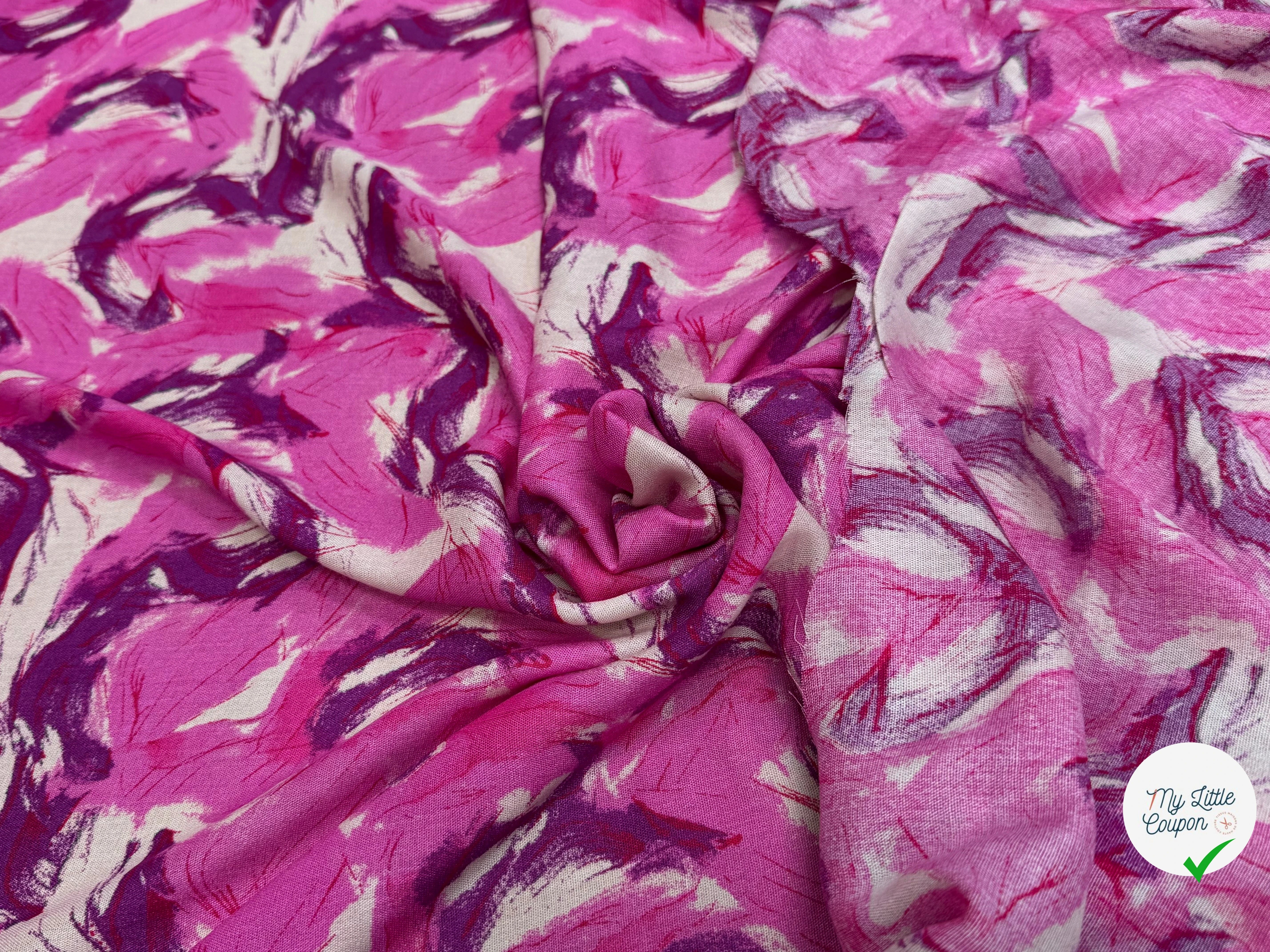 VISCOSE FLUIDE FOND BEIGE IMPRIMÉE TOURBILLON ROSE VIOLET - My Little Coupon