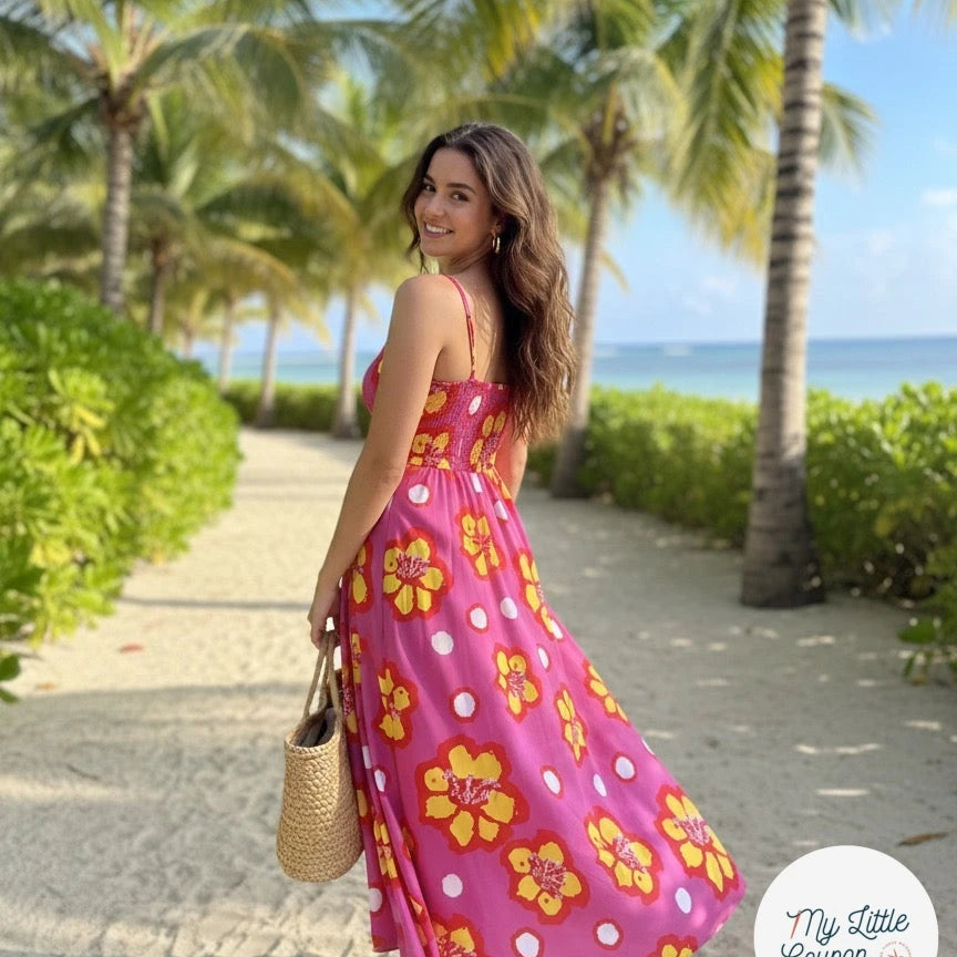 VISCOSE FOND ROSE FLEURS JAUNE - My Little Coupon