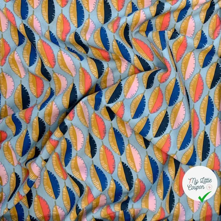 VISCOSE IMPRIMÉE FEUILLES MULTICOLORE FOND BLEU - My Little Coupon - tissu - coudre