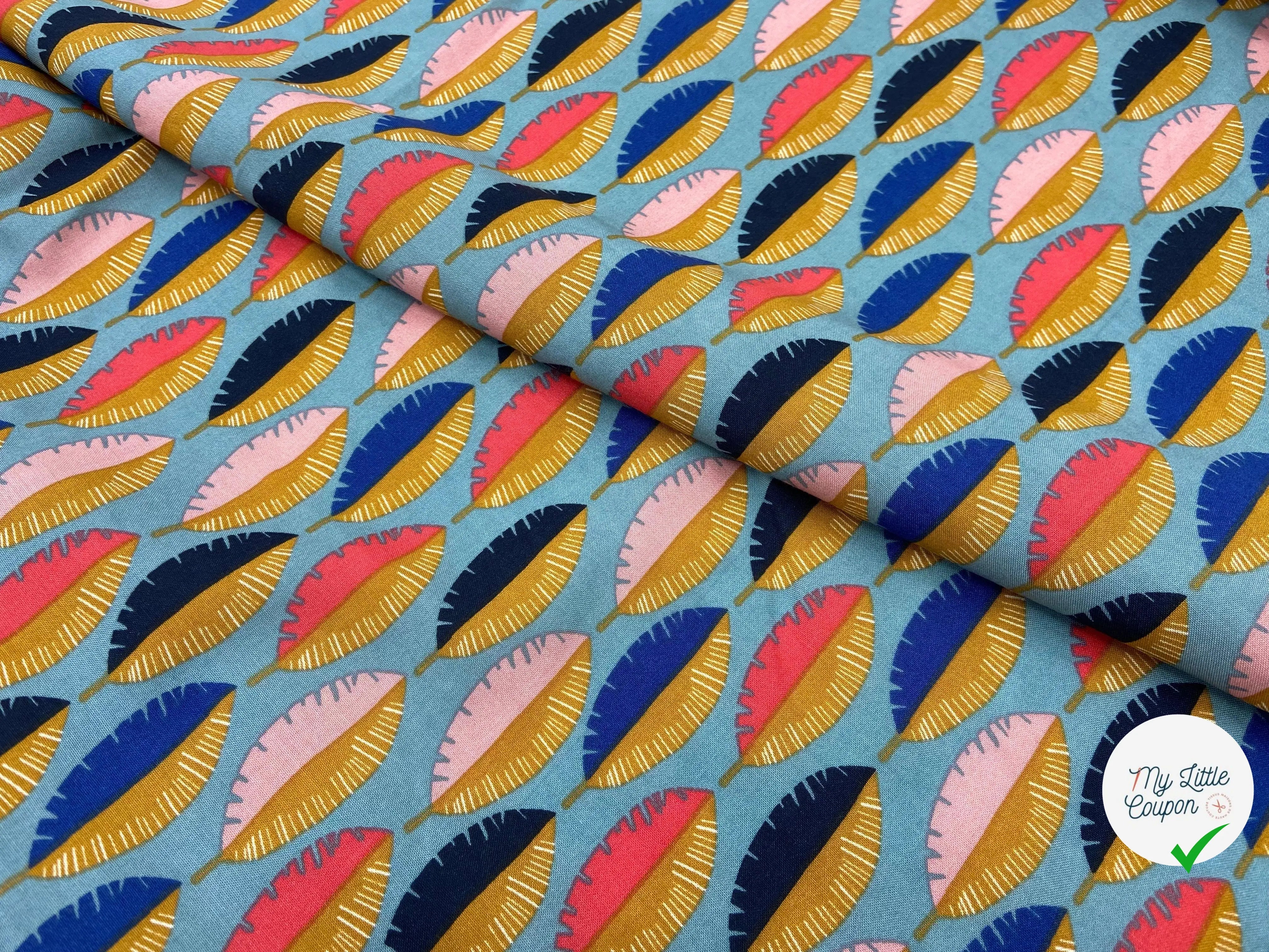 VISCOSE IMPRIMÉE FEUILLES MULTICOLORE FOND BLEU - My Little Coupon - tissu - coudre