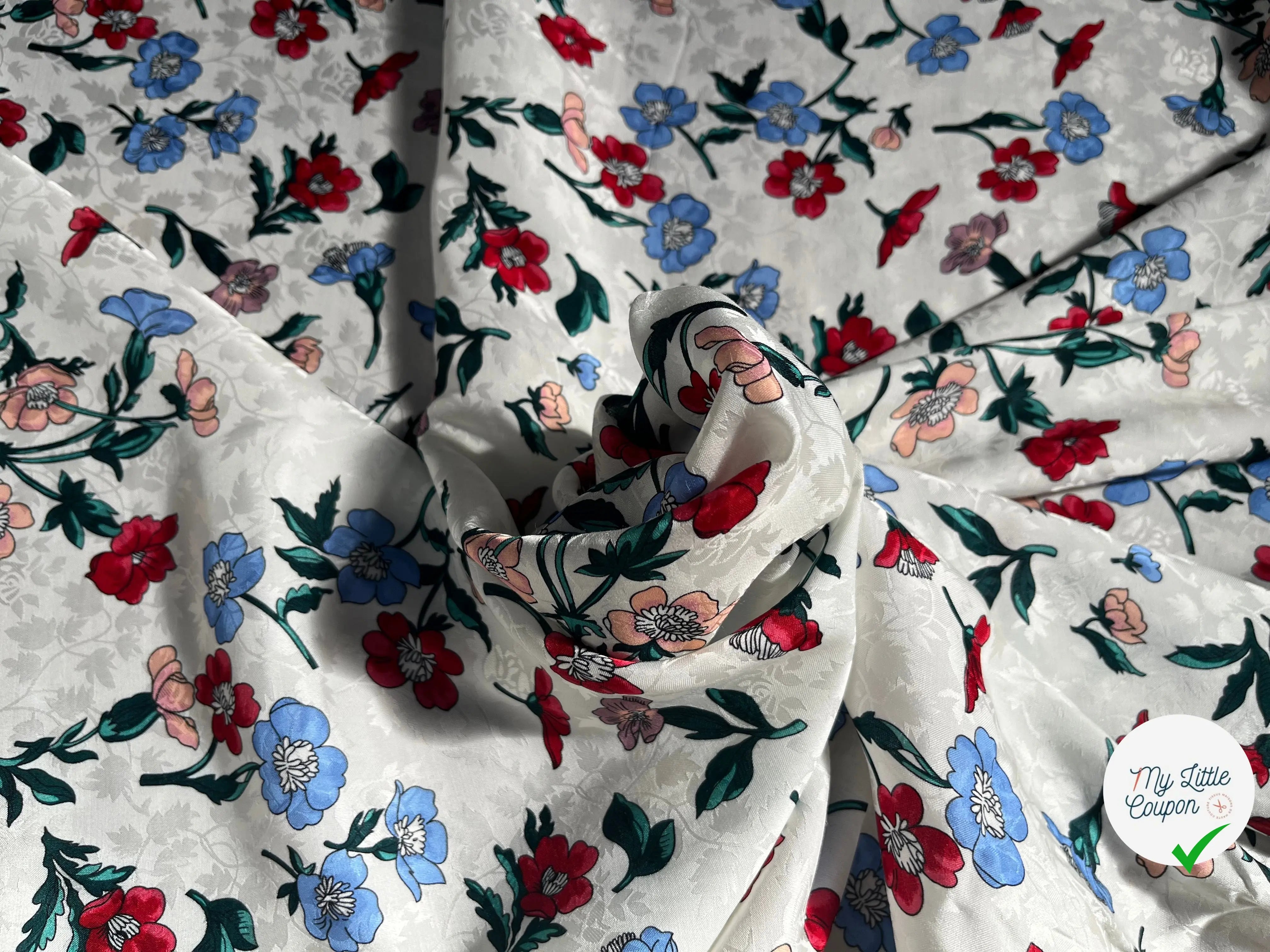 VISCOSE JACQUARD IMPRIMÉ FLEUR ROUGE BLEU VERT ROSE - My Little Coupon