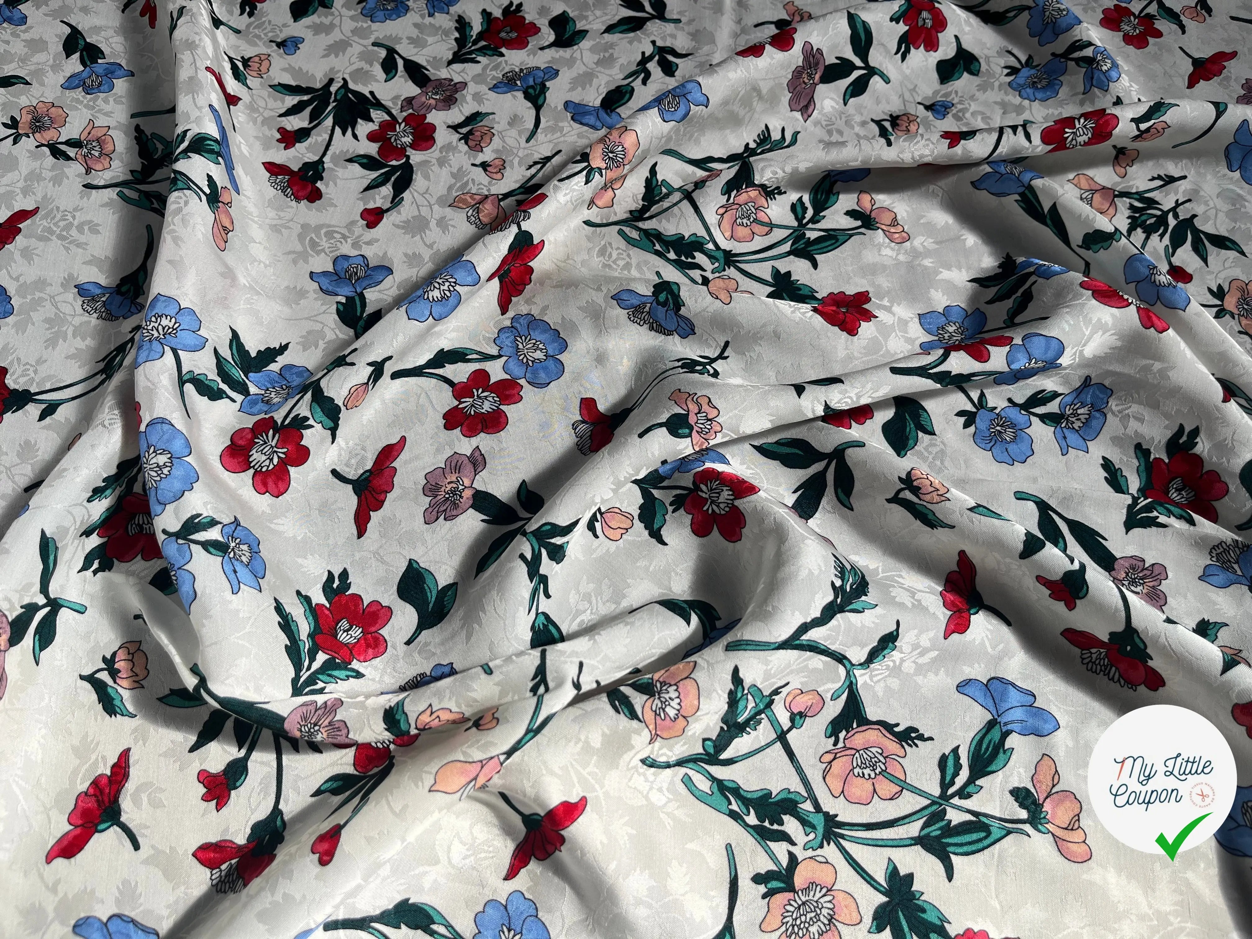 VISCOSE JACQUARD IMPRIMÉ FLEUR ROUGE BLEU VERT ROSE - My Little Coupon