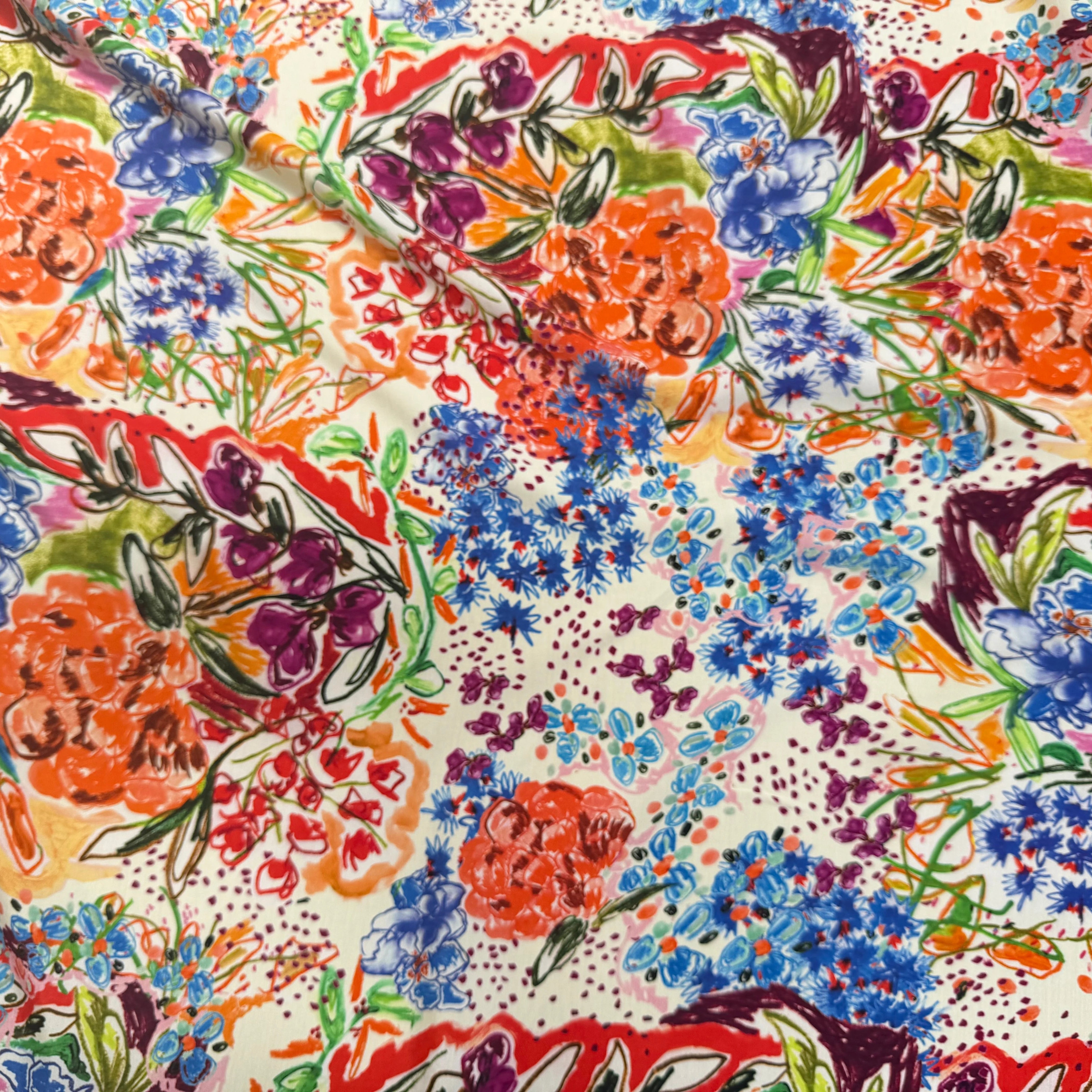 VISCOSE LÉGÈREMENT CREPÉE IMPRIMÉ FLORAL MULTICOLORE FANTASY GARDEN - My Little Coupon