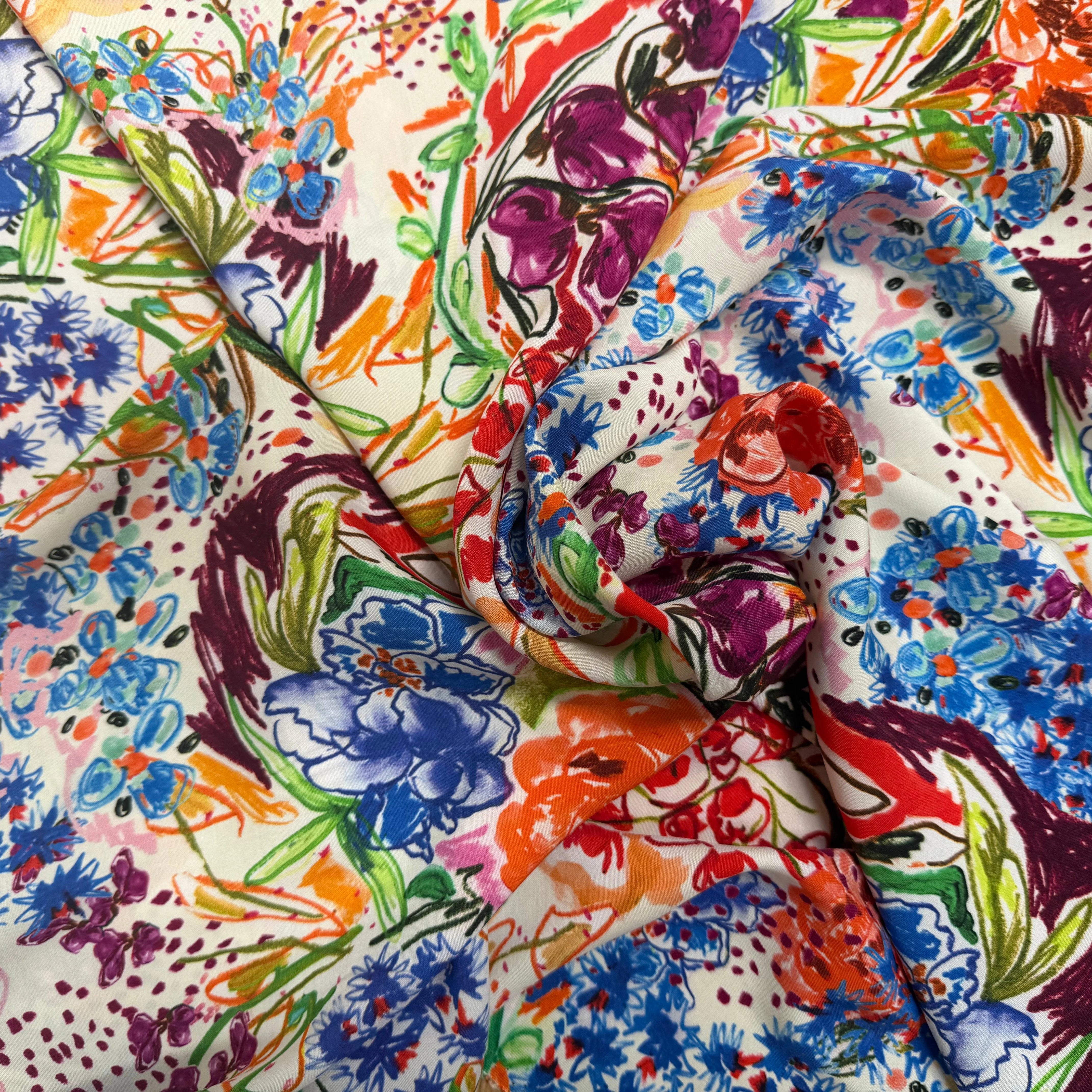 VISCOSE LÉGÈREMENT CREPÉE IMPRIMÉ FLORAL MULTICOLORE FANTASY GARDEN - My Little Coupon