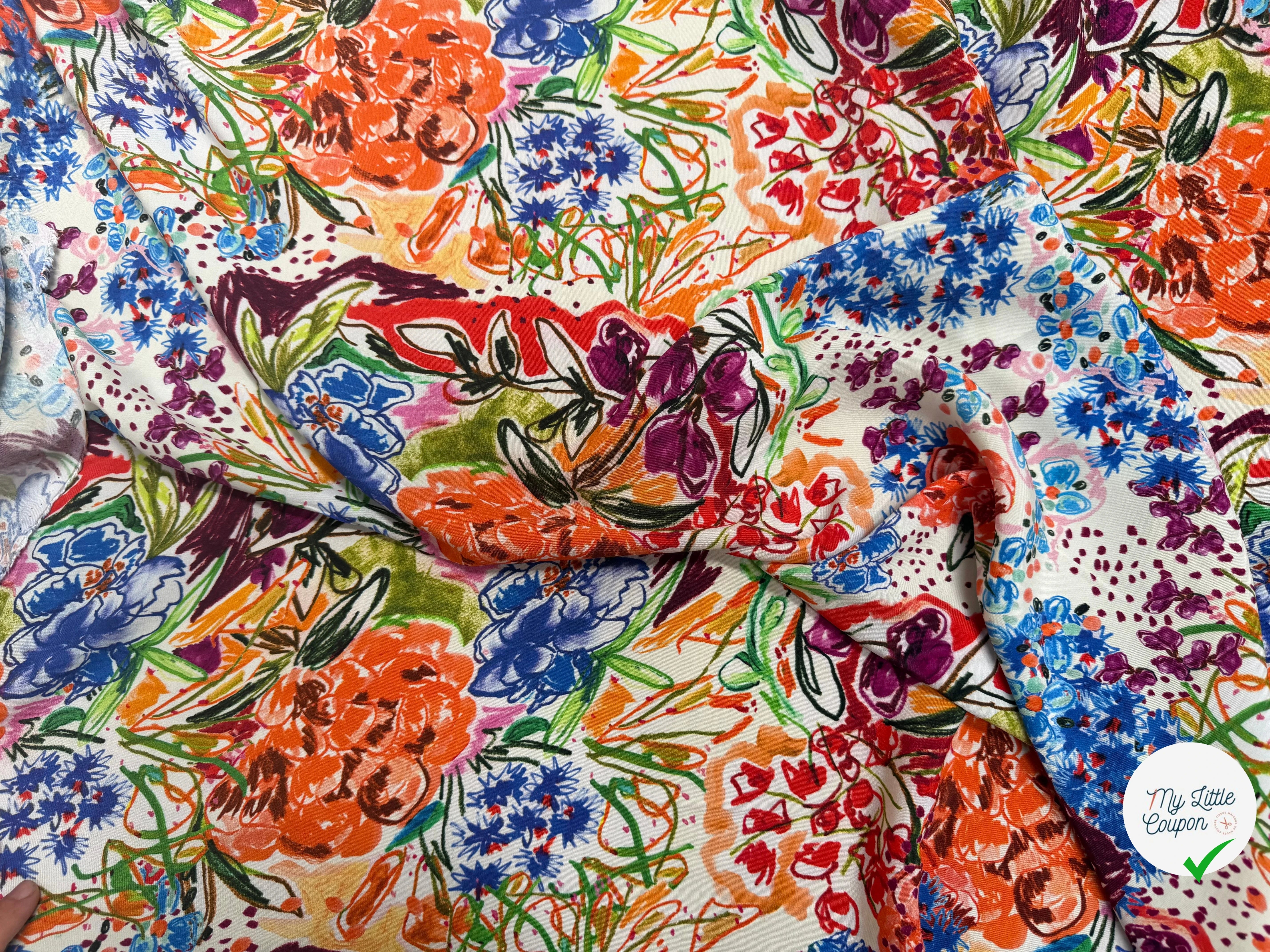 VISCOSE LÉGÈREMENT CREPÉE IMPRIMÉ FLORAL MULTICOLORE FANTASY GARDEN - My Little Coupon