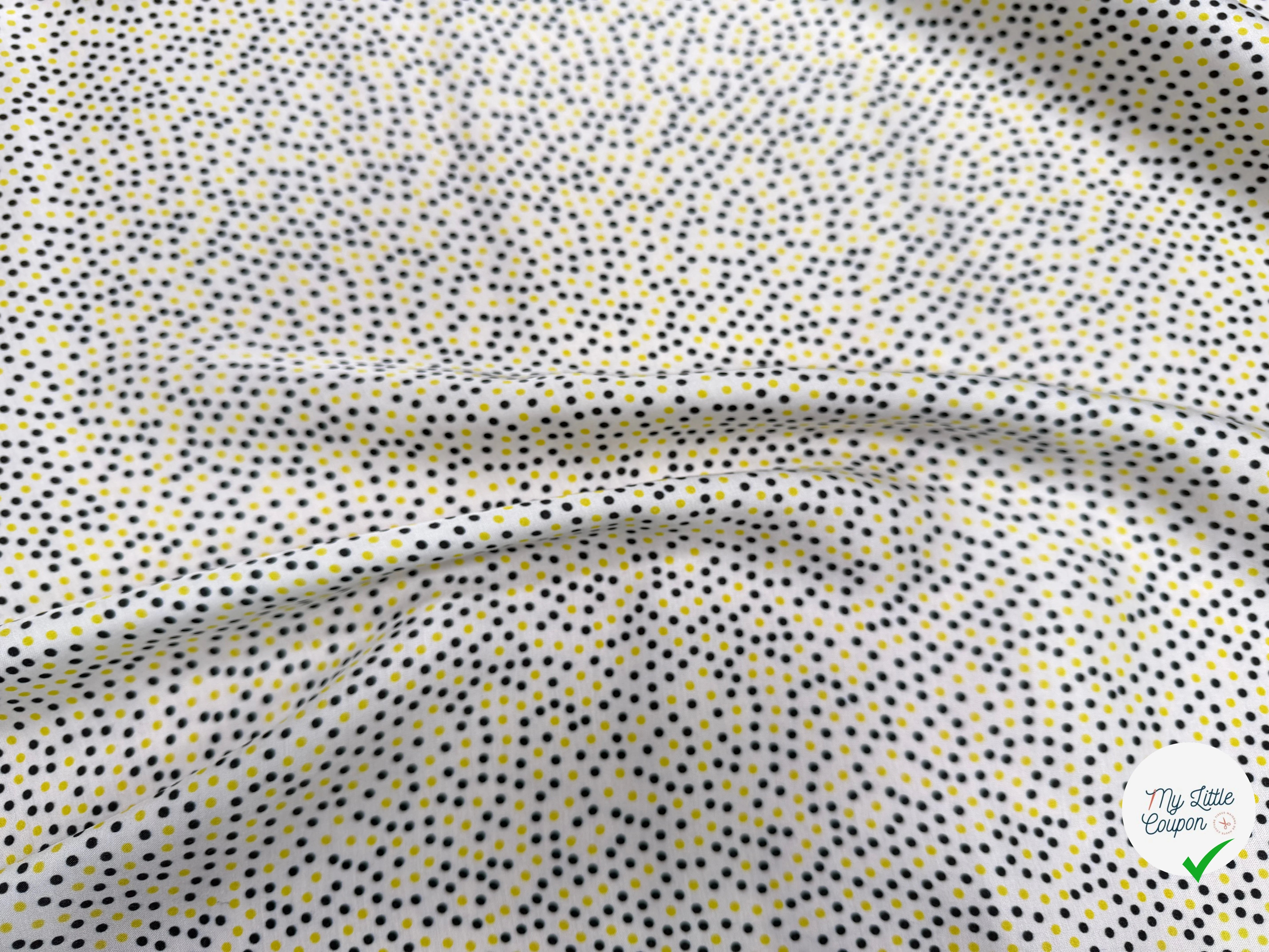 VISCOSE LEGREMENT SATINÉE FOND BLANC CERLES NOIR ET JAUNE QUALITÉ COMO - My Little Coupon