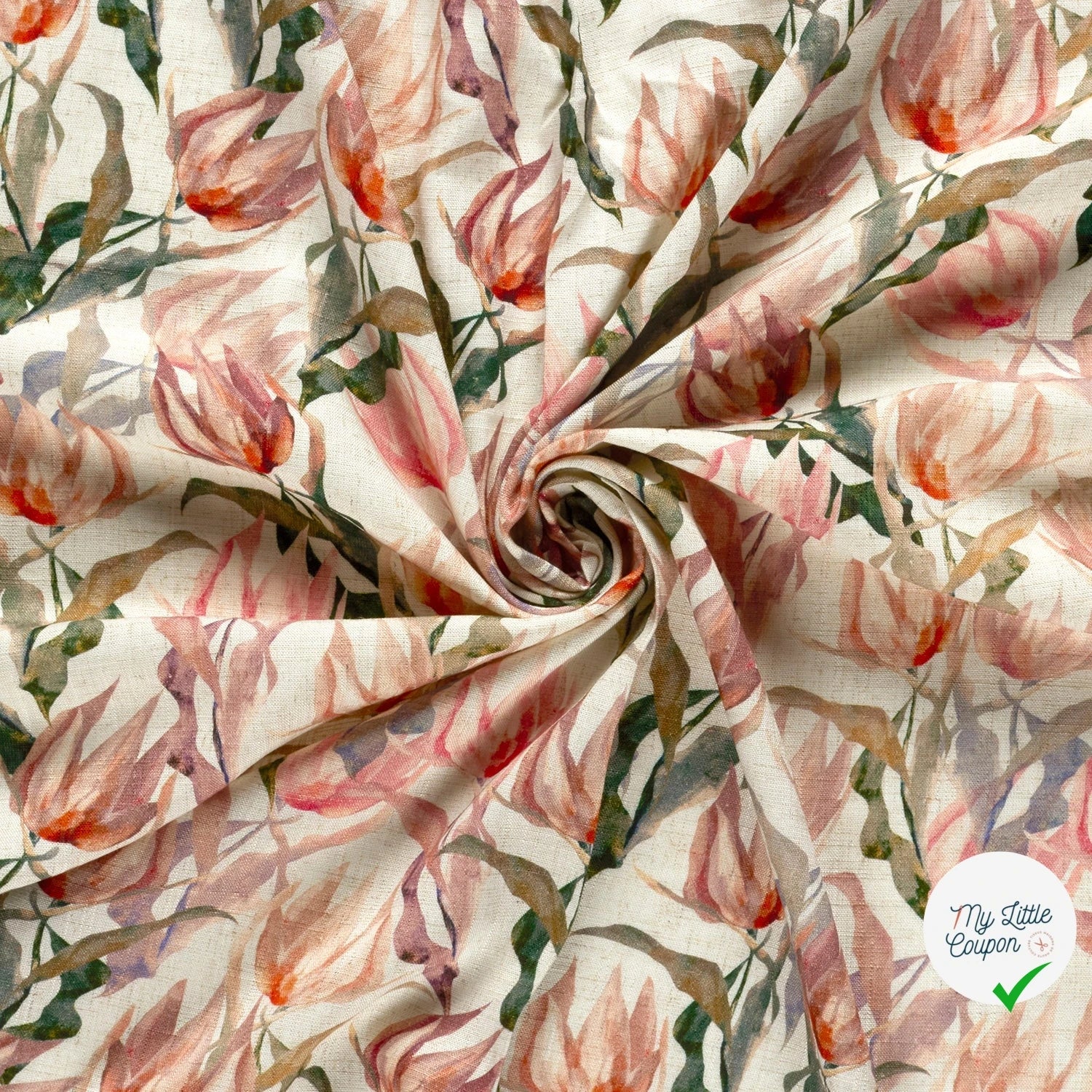 VISCOSE LIN CHAINE ET TRAME FLEURS VERT OLIVE - My Little Coupon