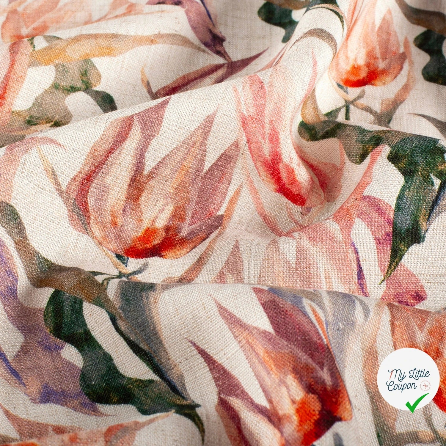 VISCOSE LIN CHAINE ET TRAME FLEURS VERT OLIVE - My Little Coupon