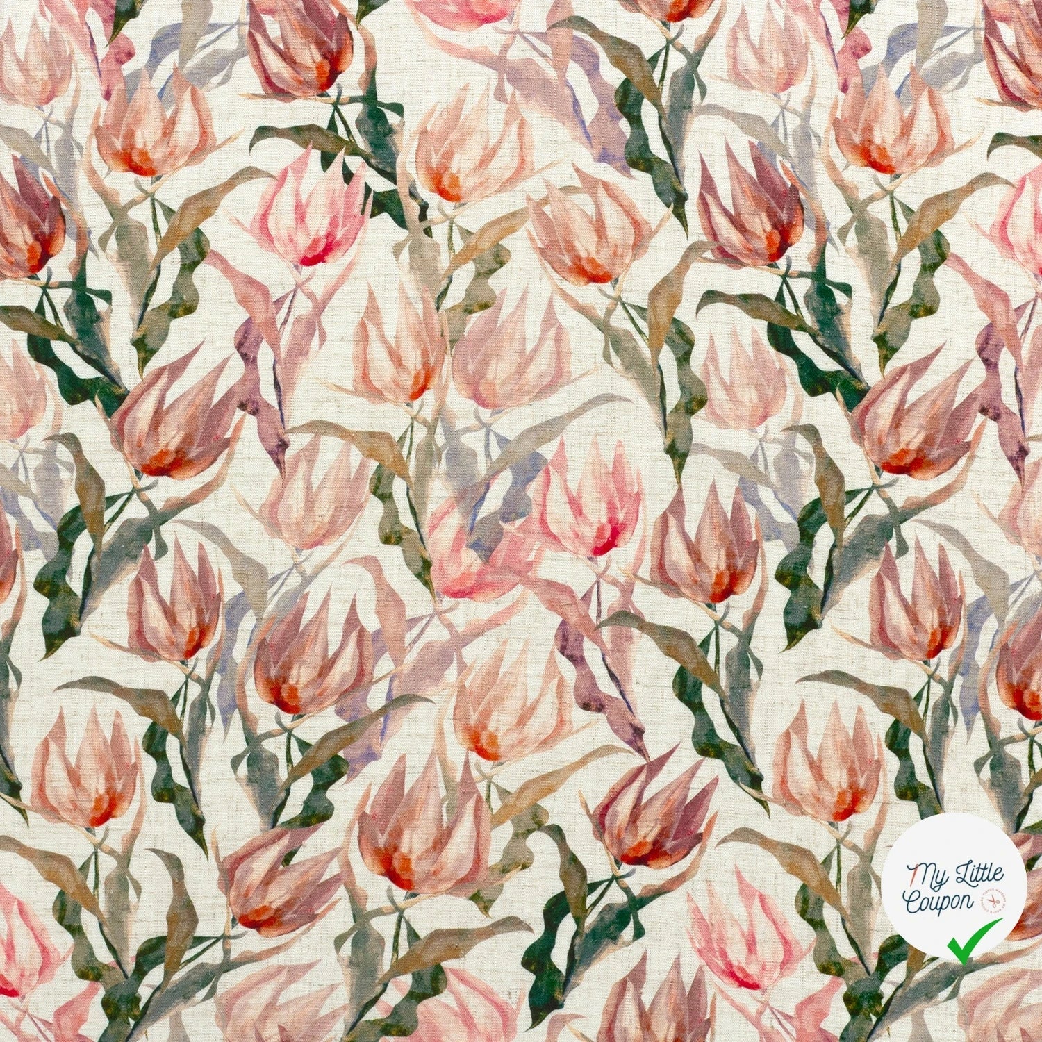 VISCOSE LIN CHAINE ET TRAME FLEURS VERT OLIVE - My Little Coupon