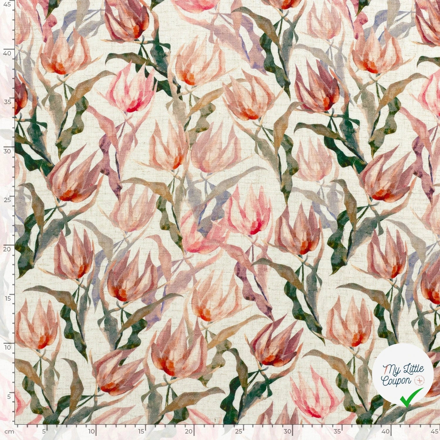 VISCOSE LIN CHAINE ET TRAME FLEURS VERT OLIVE - My Little Coupon