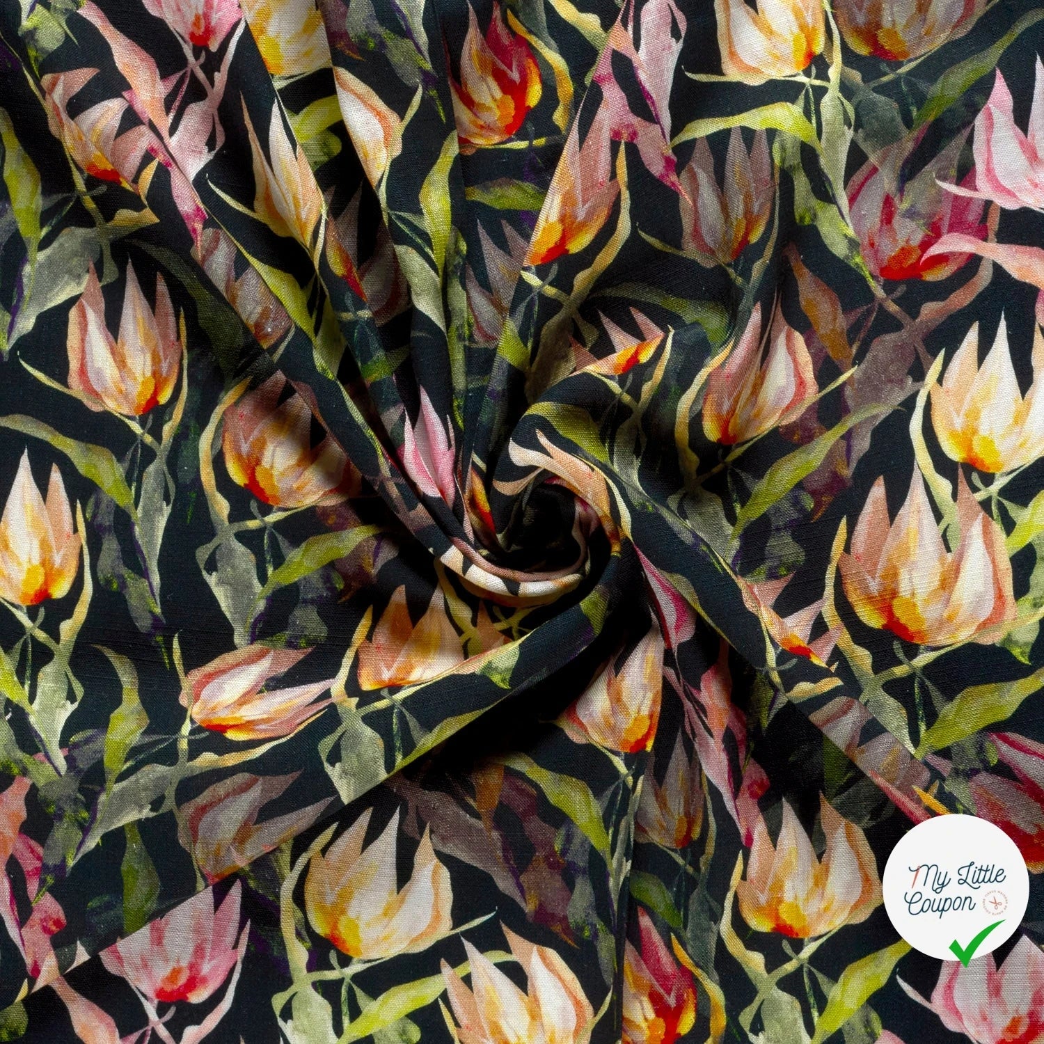 VISCOSE LIN CHAINE ET TRAME TISSU IMPRIMÉ FLEURS BLEU MARINE - My Little Coupon