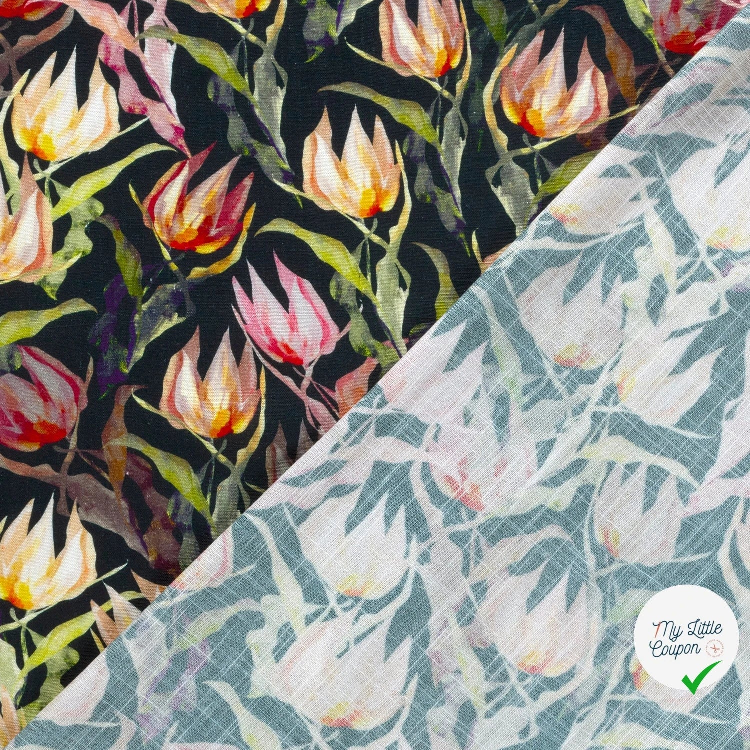 VISCOSE LIN CHAINE ET TRAME TISSU IMPRIMÉ FLEURS BLEU MARINE - My Little Coupon