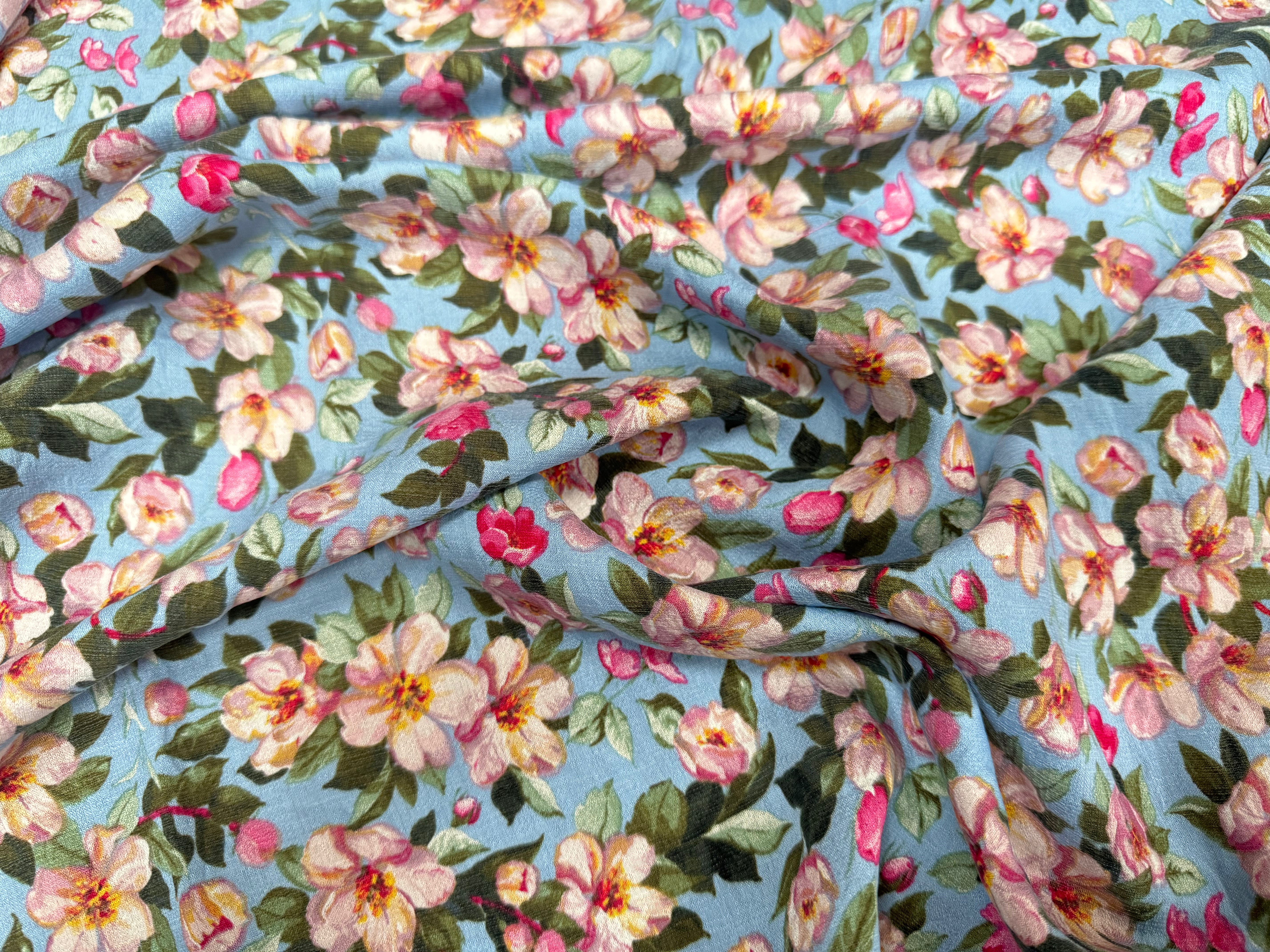 VISCOSE NYLON CREPE TISSU IMPRIMÉ FLEURS BLEU BÉBÉ - My Little Coupon
