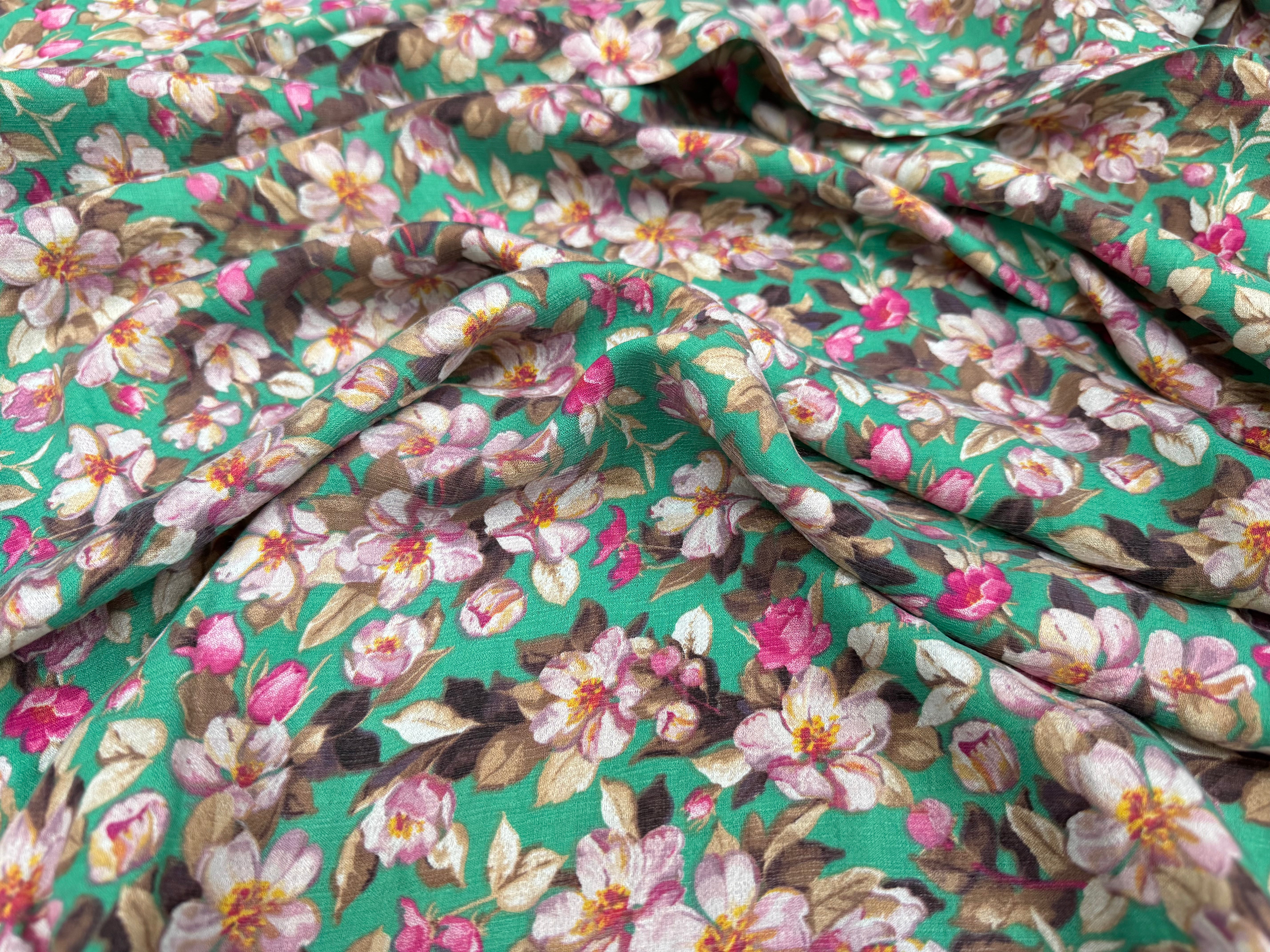 VISCOSE NYLON CREPE TISSU IMPRIMÉ FLEURS VERT - My Little Coupon