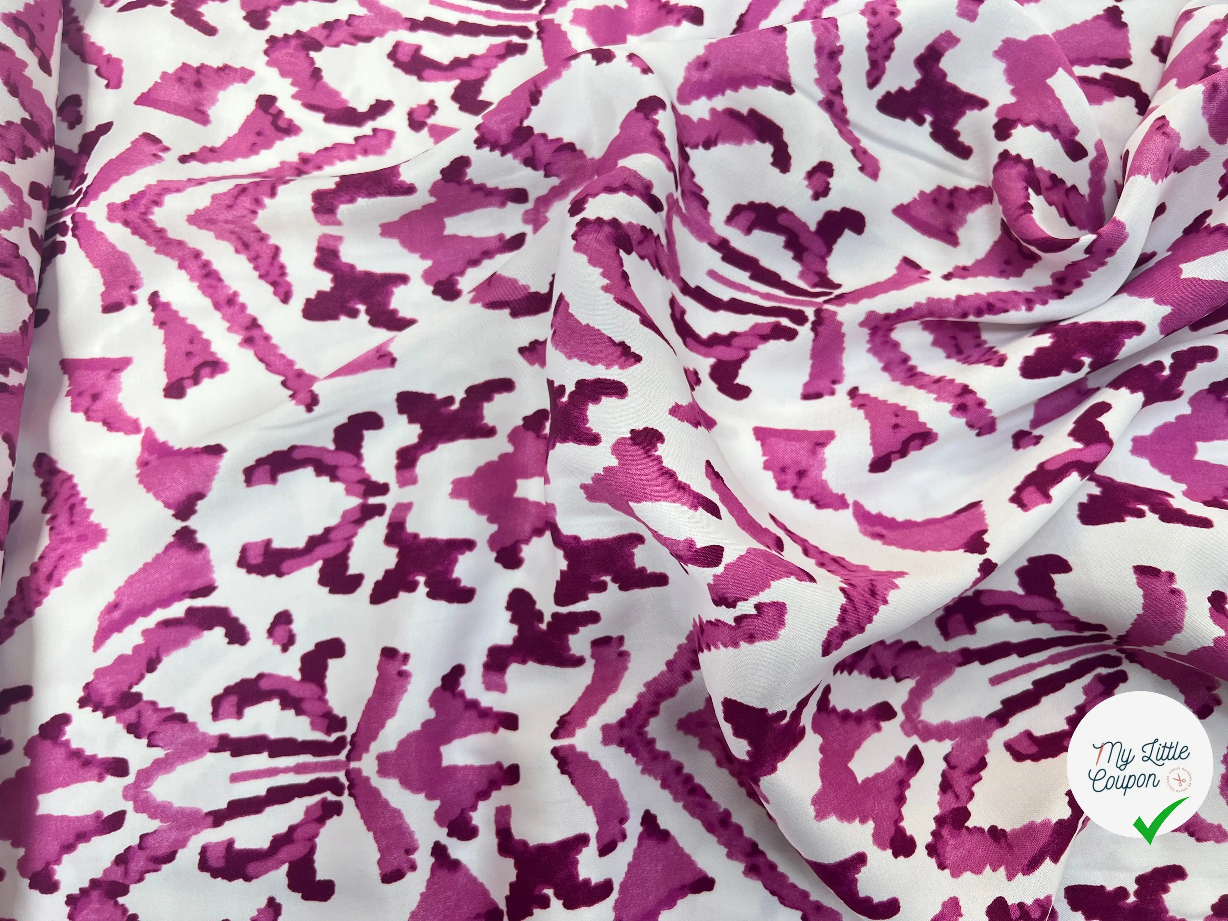 VISCOSE SATIN TISSU IMPRIMÉ TACHES FUCHSIA - My Little Coupon