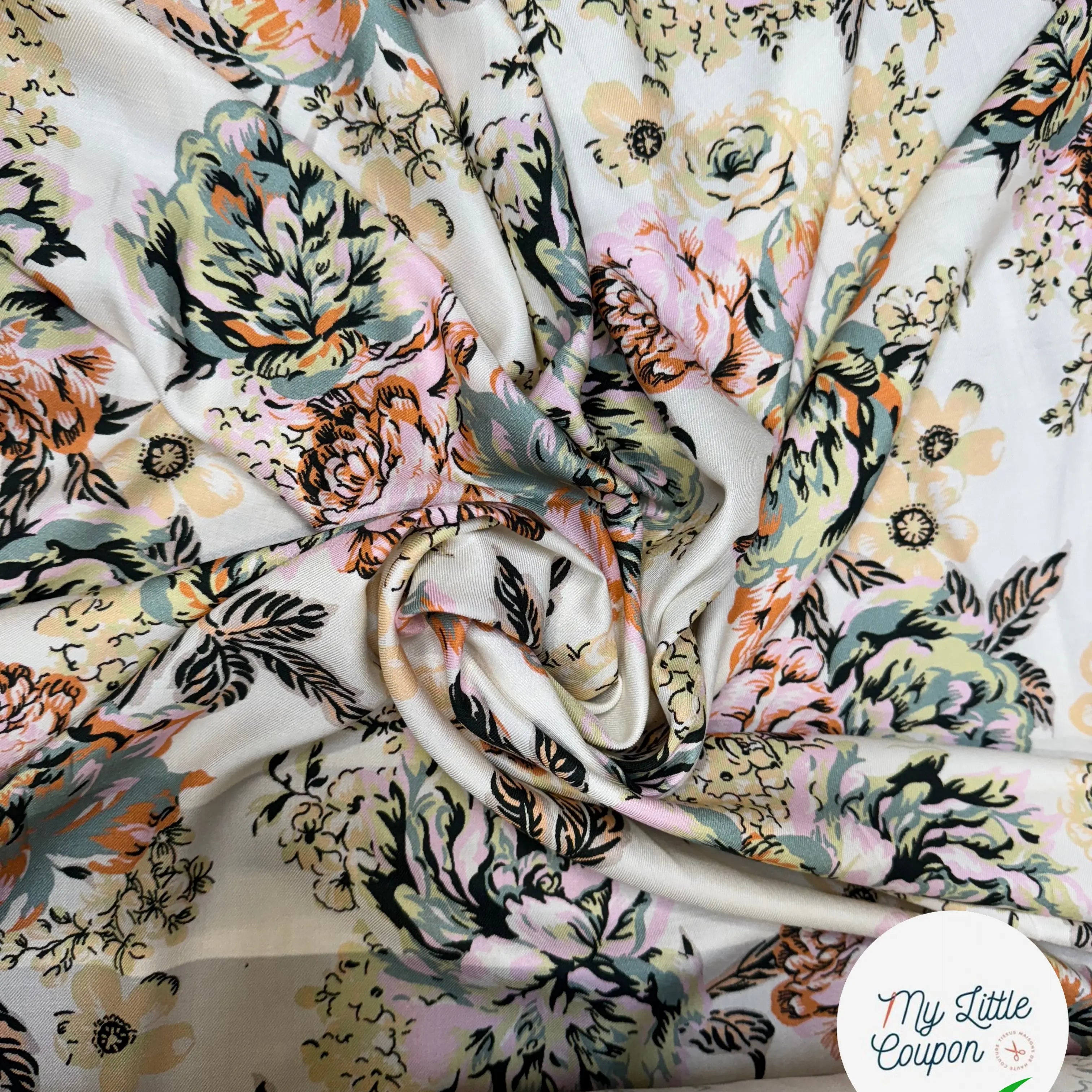 VISCOSE SERGÉE IMPRIMÉE PRINTEMPS LÉGÈREMENT SATINÉ - My Little Coupon