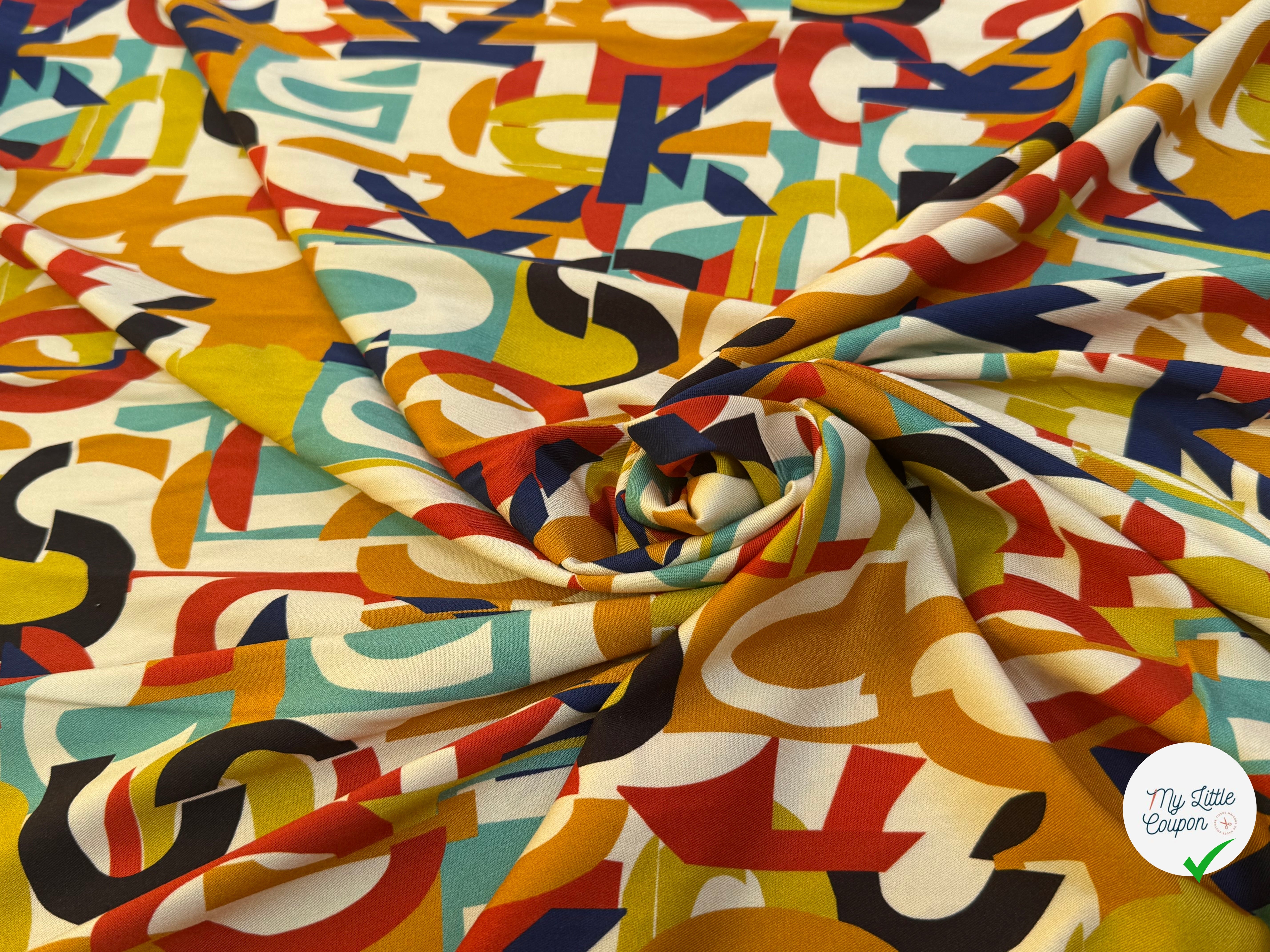 VISCOSE STRETCH IMPRIMÉ ALPHABET MULTICOLORES FANTASY - My Little Coupon