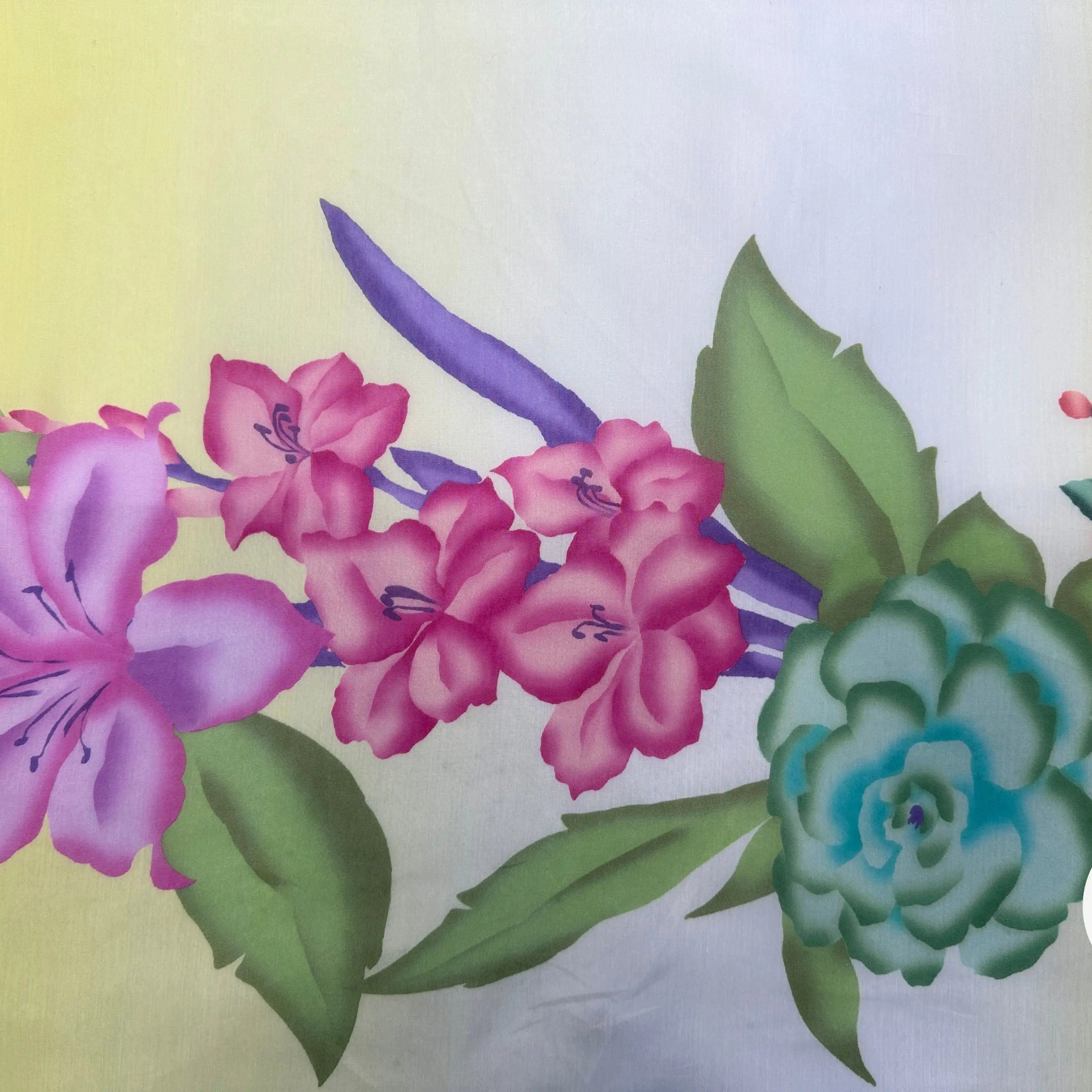 VOILAGE DE COTON SOIE BOUQUET DE FLEURS FOND JAUNE MLC INTERN