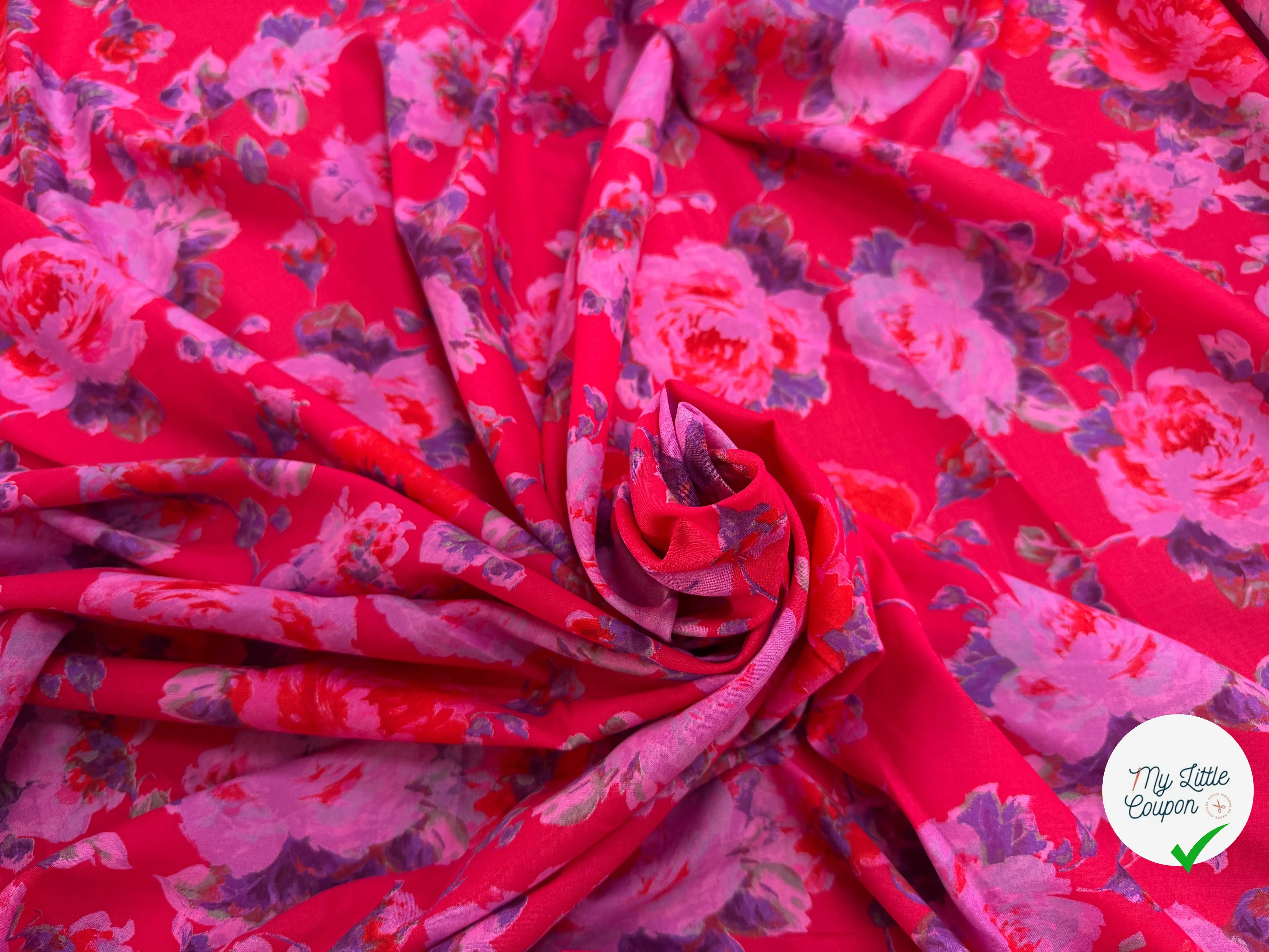 VOILE COTON ROUGE AVEC FLEURS VIOLET - My Little Coupon