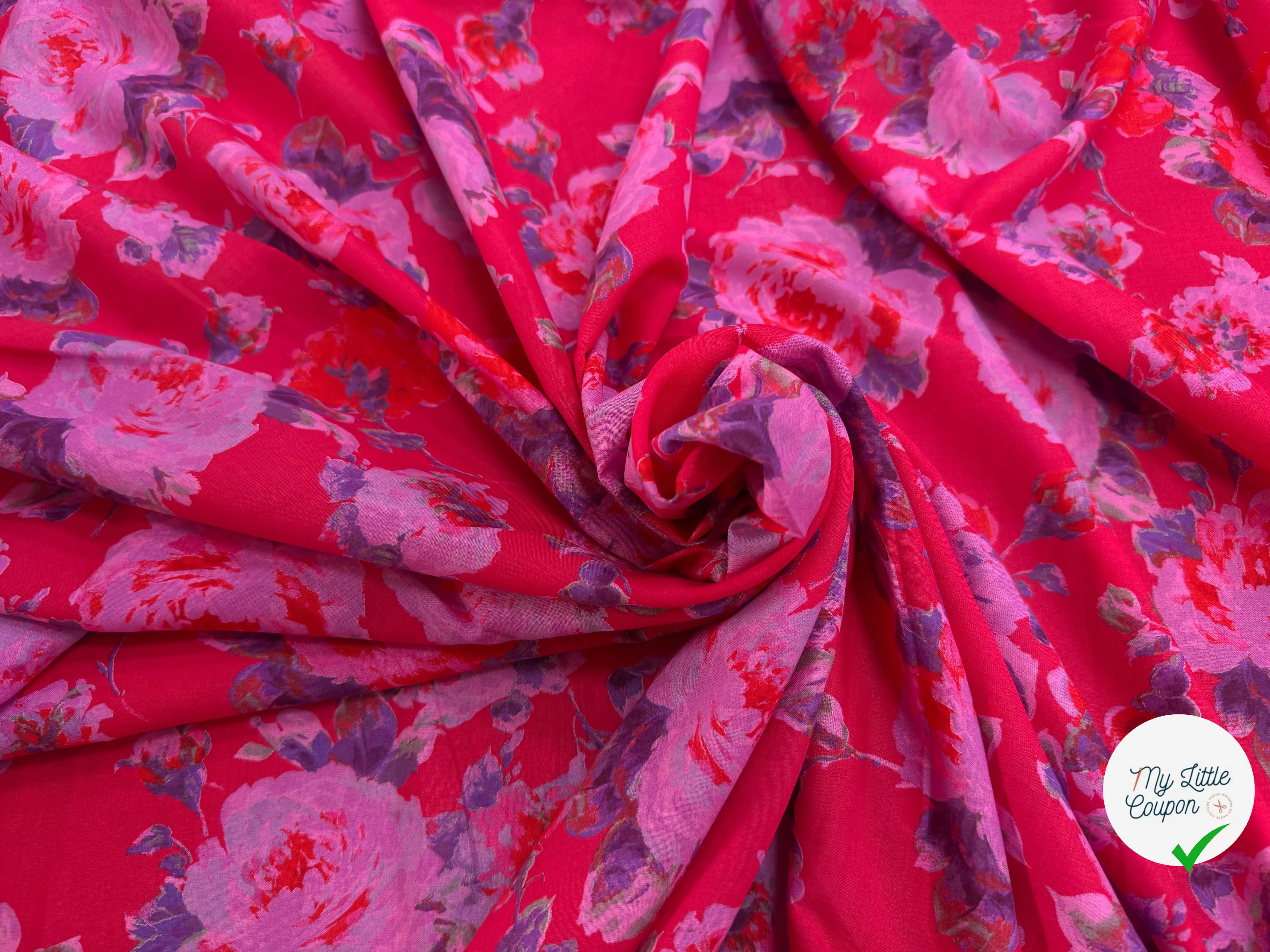 VOILE COTON ROUGE AVEC FLEURS VIOLET - My Little Coupon