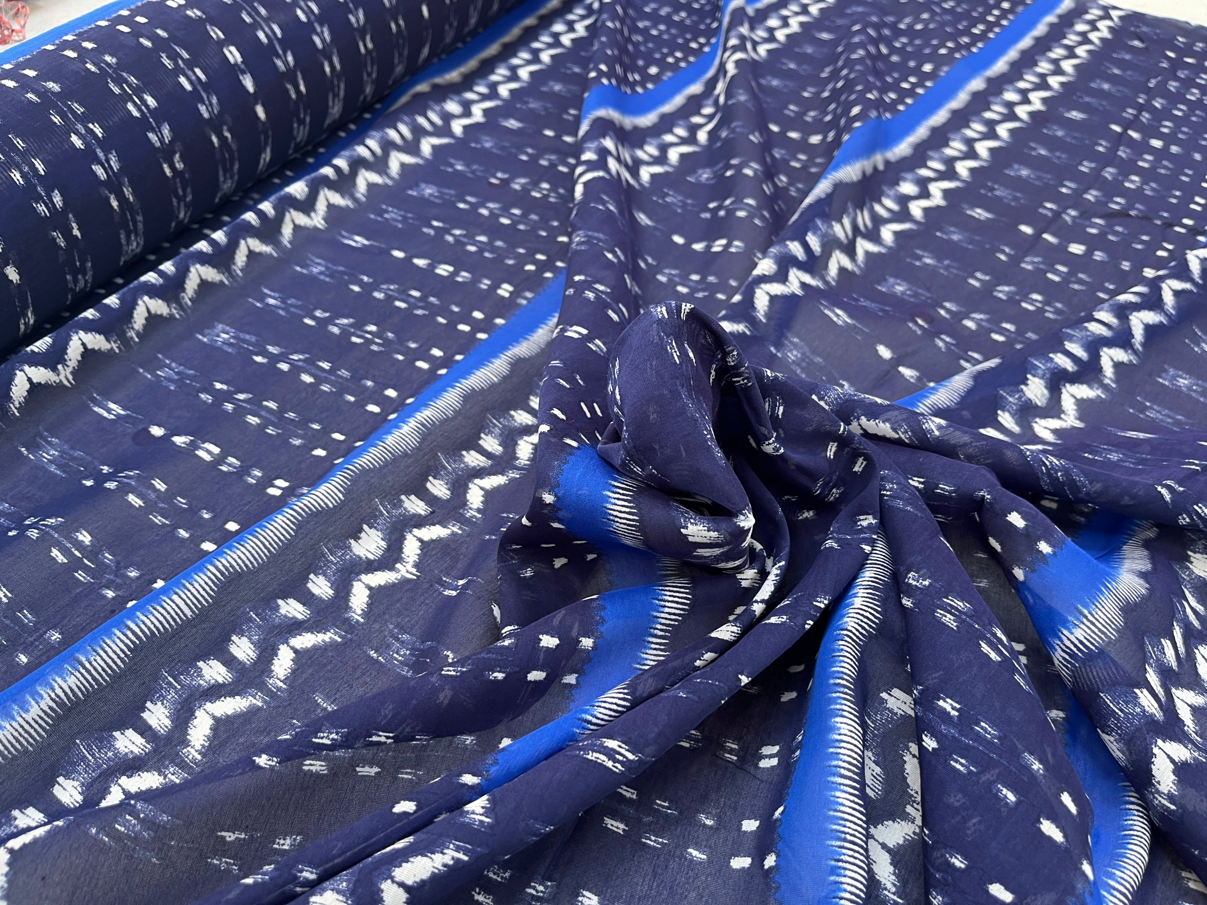 VOILE COTON SOIE BLEU IMPRIMÉ GÉOMETRIQUE - My Little Coupon