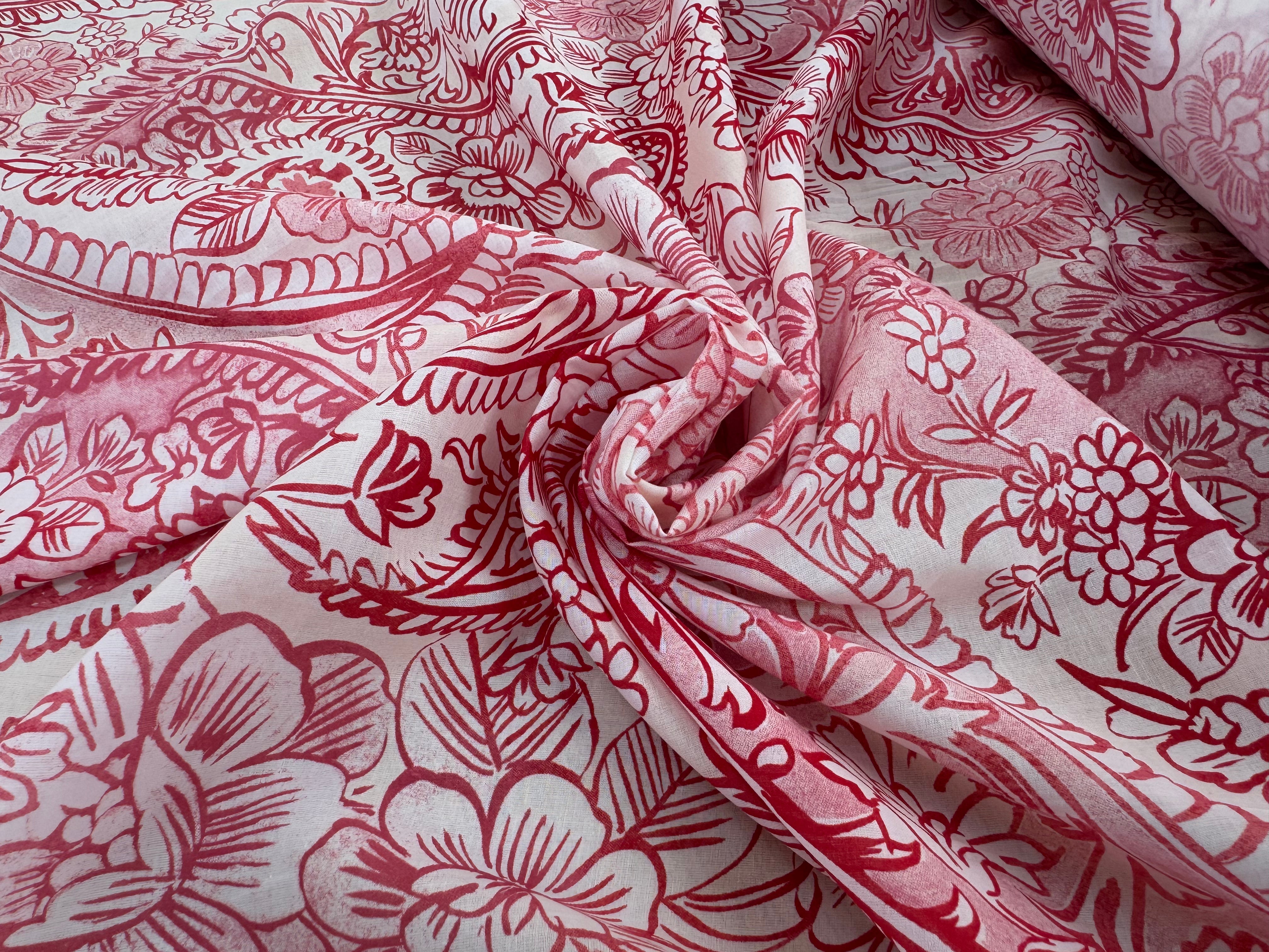 VOILE DE COTON FOND CREME FLEURS ROUGE ET ROSE - My Little Coupon