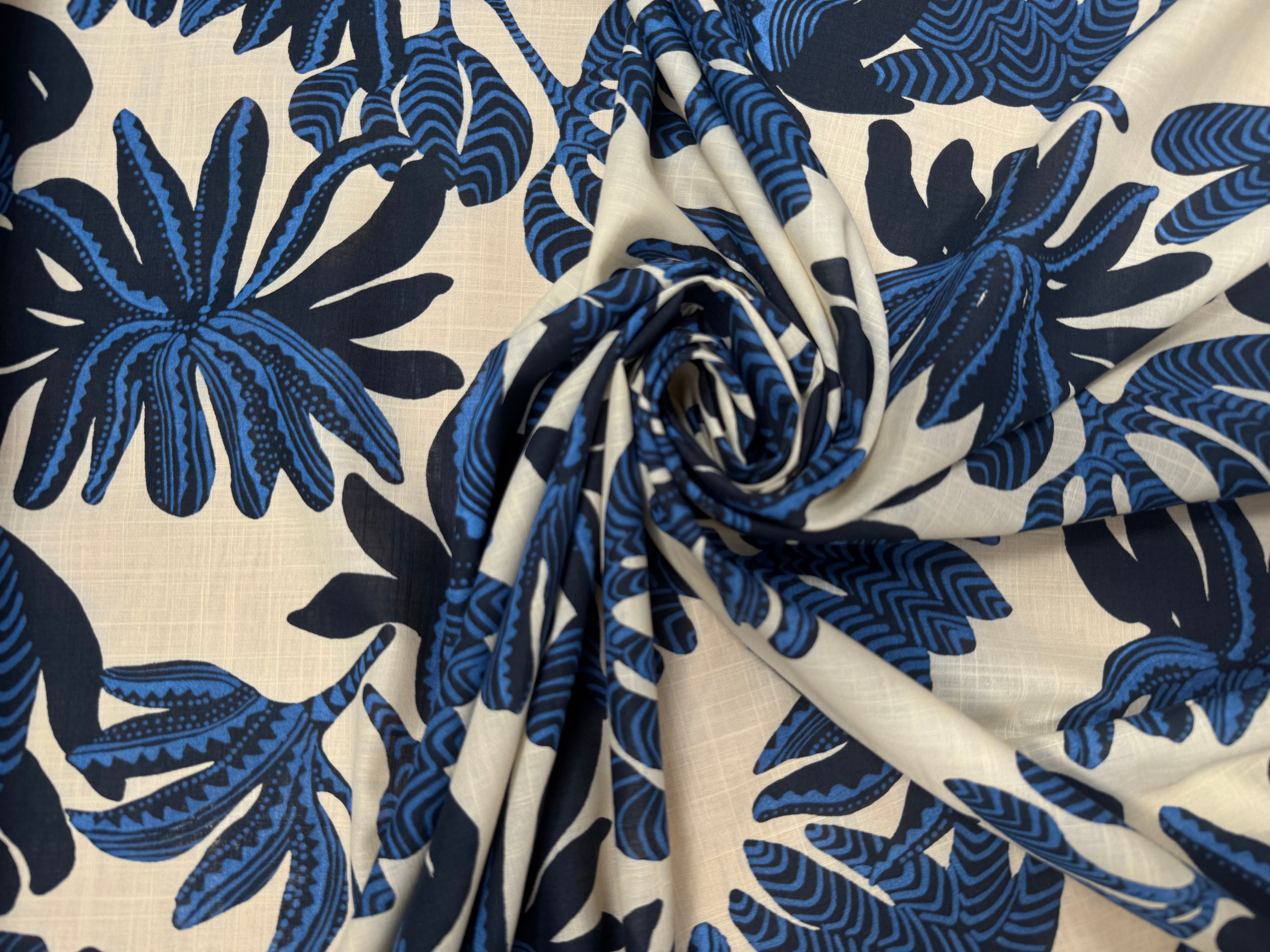 VOILE DE COTON FOND CREME MOTIFS FLEUR BLEU - My Little Coupon