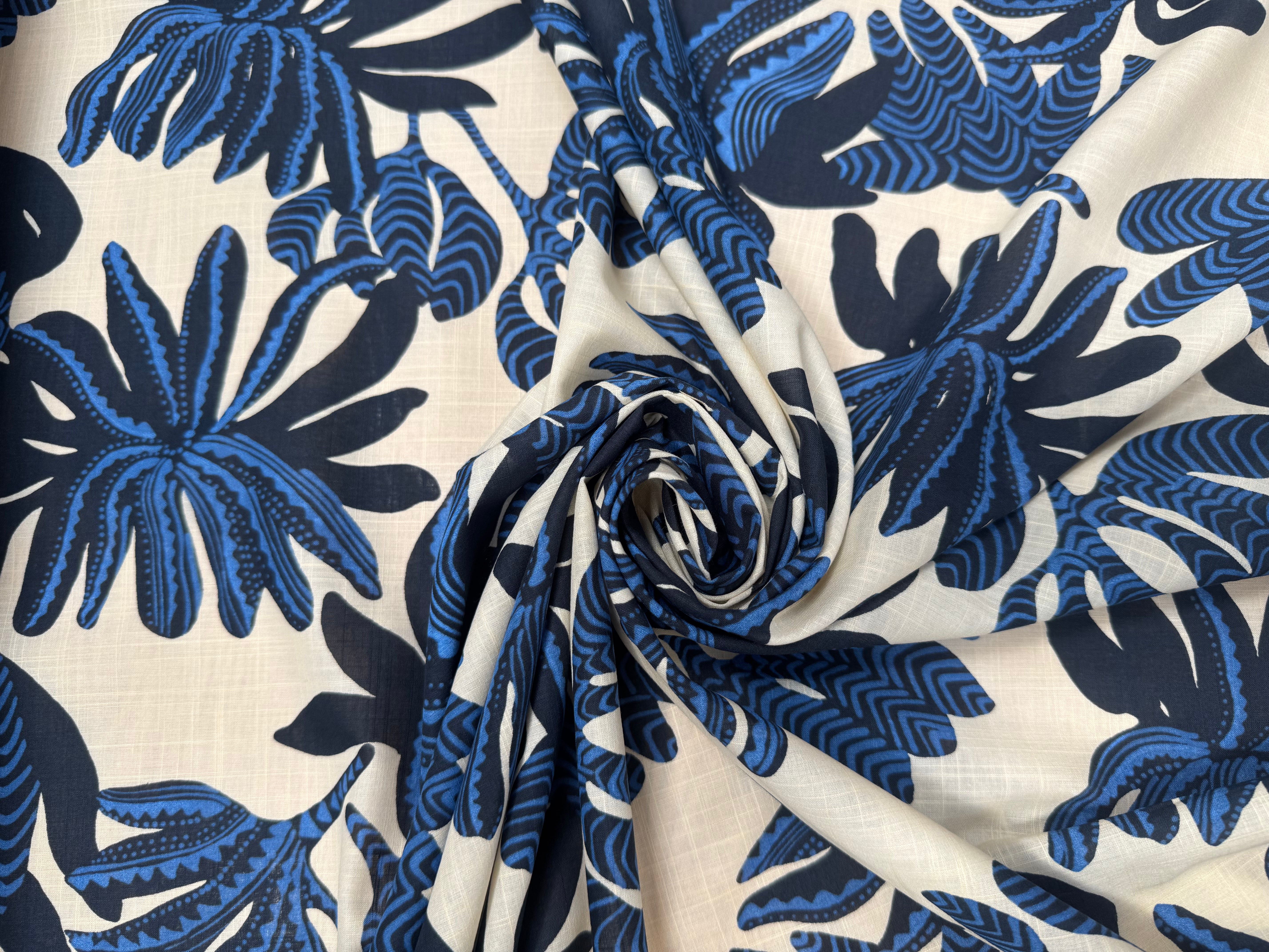 VOILE DE COTON FOND CREME MOTIFS FLEUR BLEU - My Little Coupon