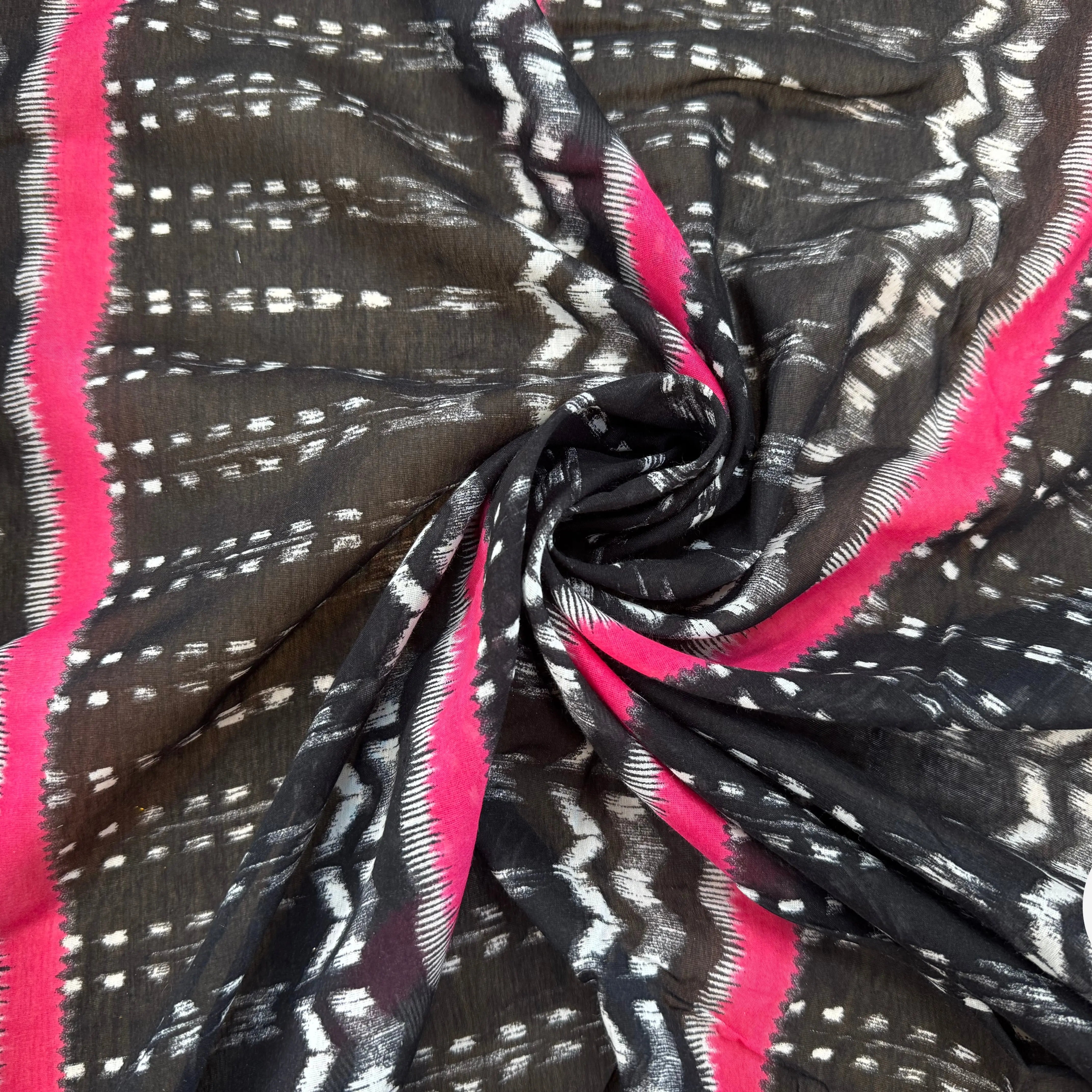 VOILE DE COTON FOND NOIR MOTIFS GÉOMÉTRIQUE ROSE ET BLANC - My Little Coupon