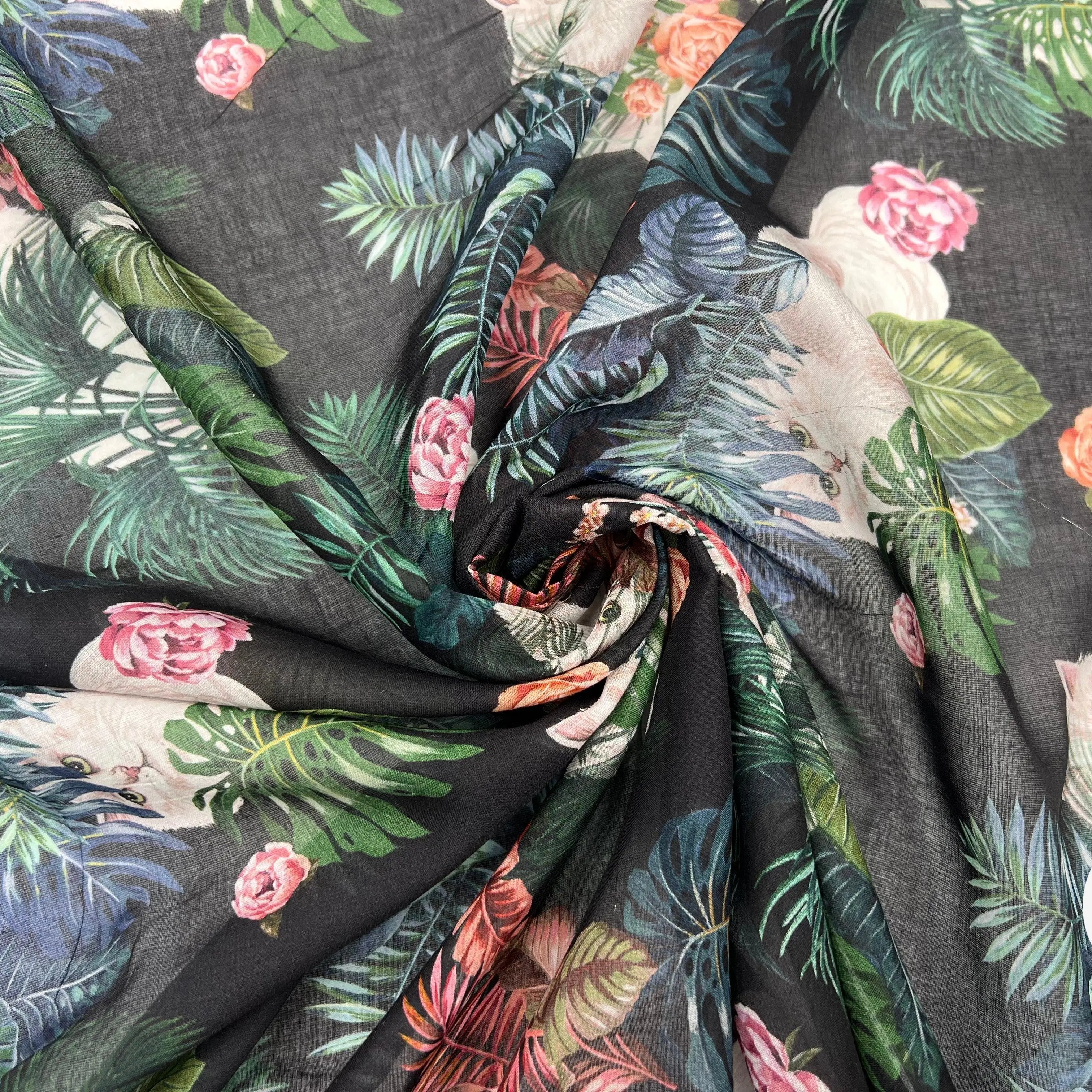 VOILE DE COTON IMPRIMÉ BOUQUETS ET RAMAGES FOND NOIR - My Little Coupon - tissu - coudre